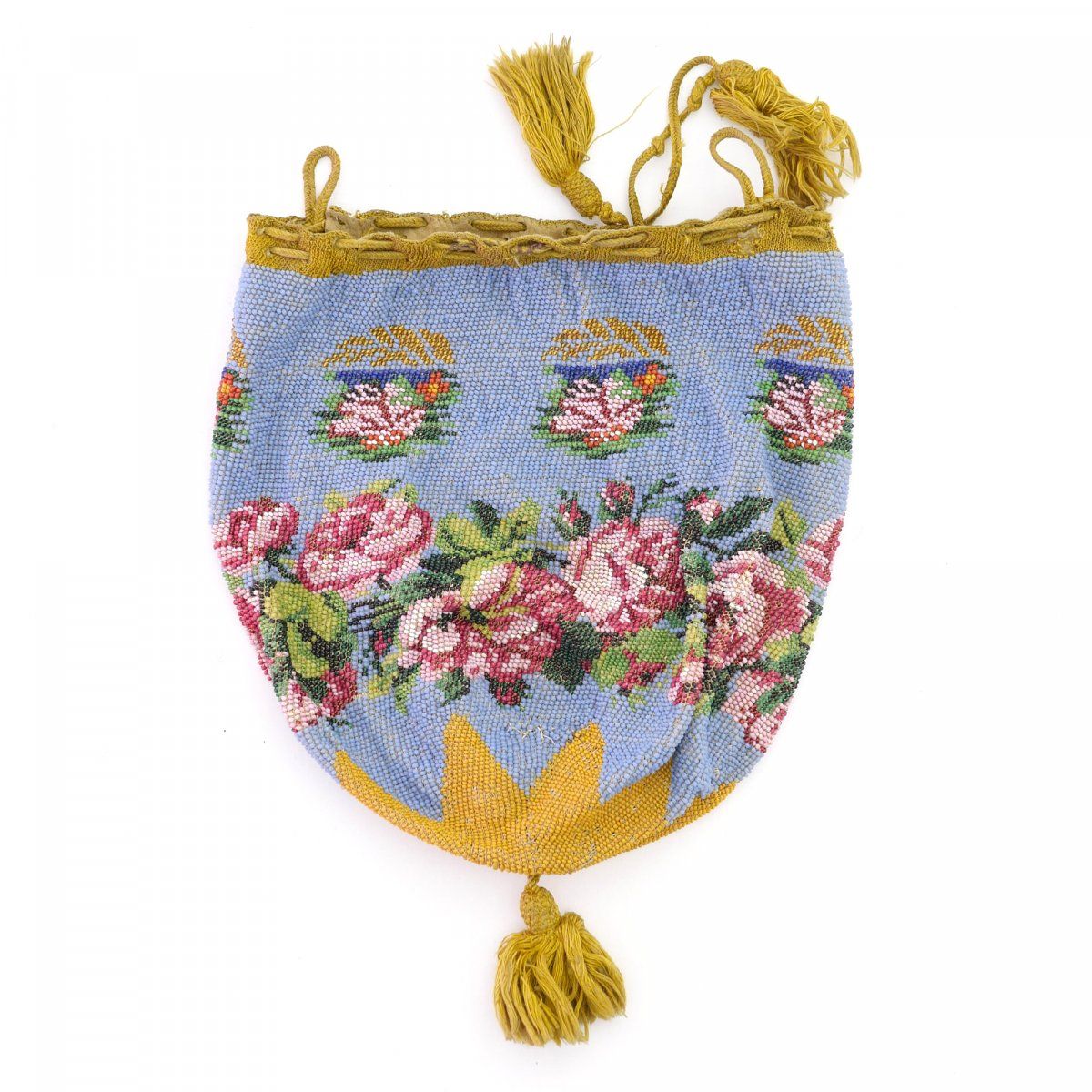 Null 带玫瑰花边的小包，19世纪下半叶，高20 x 16厘米。编织的多色珠子，皮革衬里，编织的抽绳。