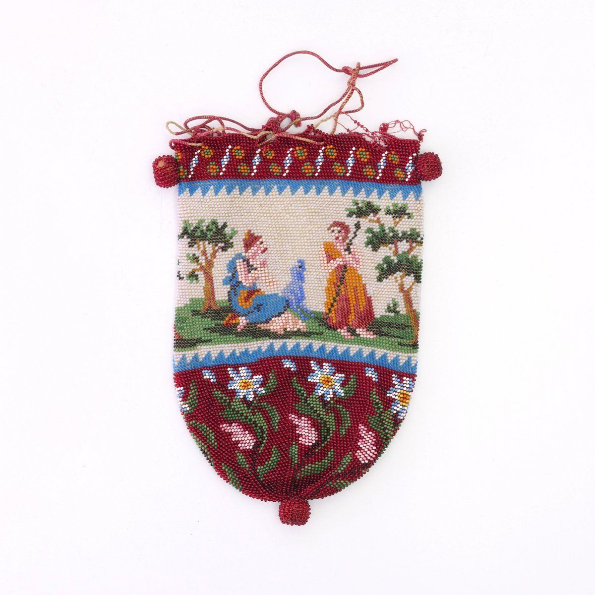 Null 19世纪下半叶，自然中的女人的小袋，高18.5 x 14厘米。编织的多色珠子，皮革衬里，抽绳，珠状木球。
