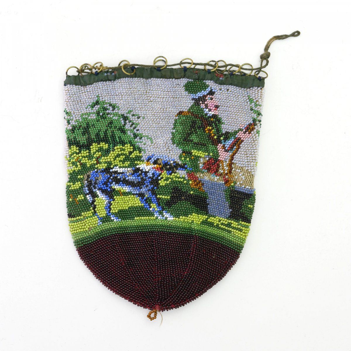 Null 有狩猎图案的烟草袋，约1830/40，高16 x 12.5厘米。编织的多色珠子，皮革衬里，带铜眼的抽绳。, 参阅Schürenberg, Glaspe&hellip;