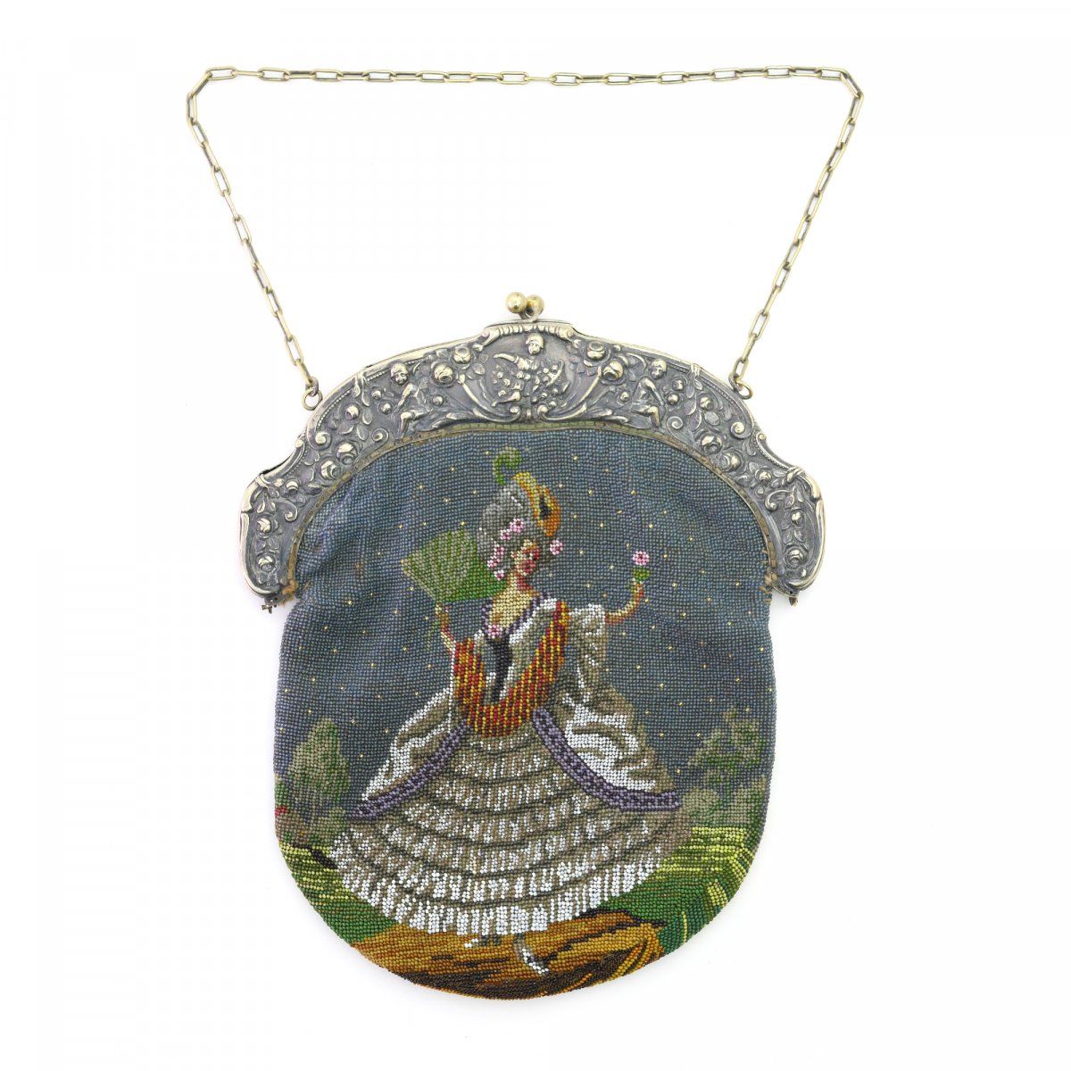 Null 带有洛可可风格的女士和骑士的包，19世纪下半叶，高26 x 22厘米。多色珠饰，皮革衬里，金属钉，金属链。 参考Schürenberg, Perle &hellip;