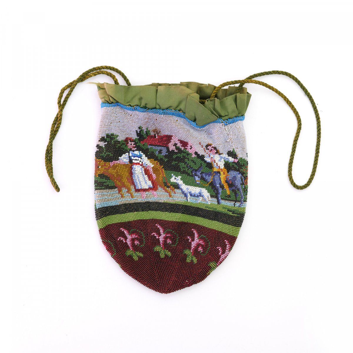 Null 带农民场景的小袋，19世纪下半叶，高19.5 x 14.5厘米。编织的多色珠子，丝绸衬里，带金属孔眼的抽绳。