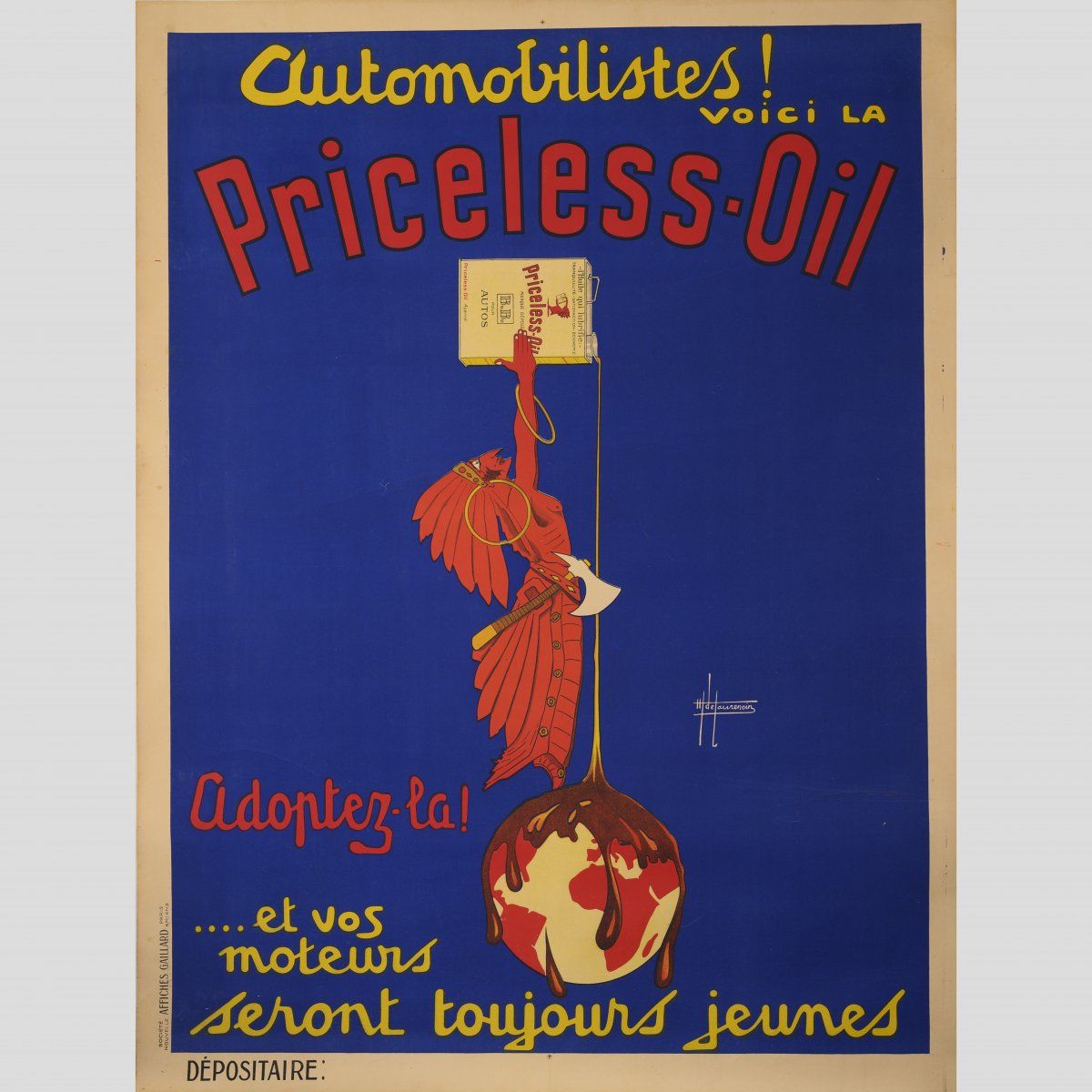 Null H. De Laurencin（20世纪法国），海报《无价之油》，约1928年，纸上彩色石版画，布面。160.6 x 120.5厘米。右边中间的石头上&hellip;