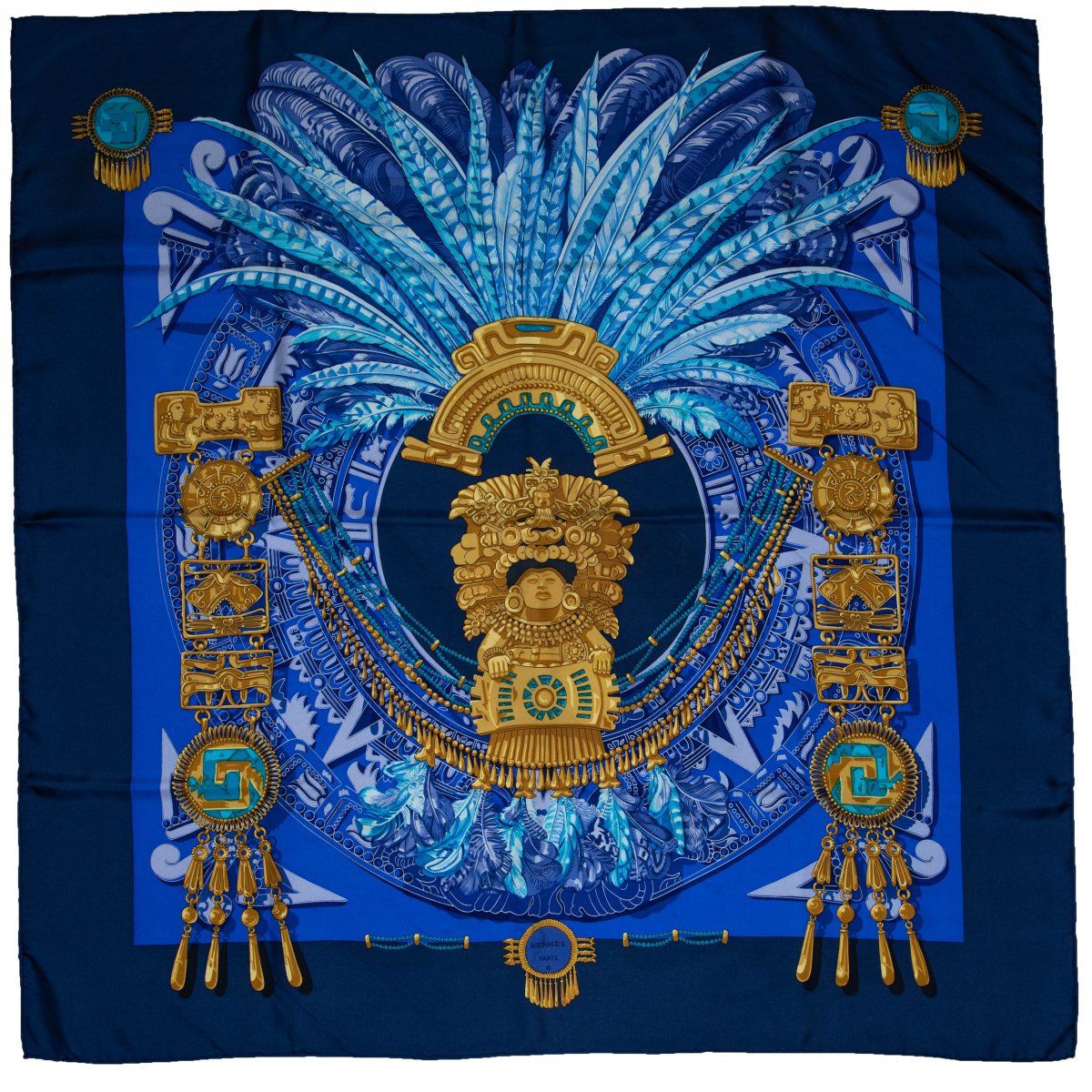 Null Hermès, Paris, 'L'Or des Incas' scarf, Silk, polychrome printed. Approx. 90&hellip;