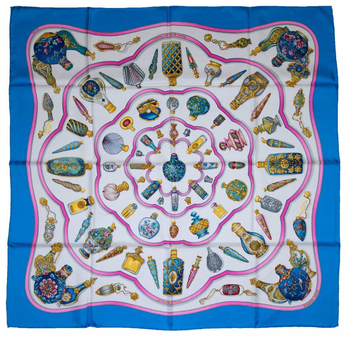 Null 爱马仕，巴黎，"Qu'importe le flacon "围巾，1988年，丝绸，多色印刷。约90 x 90厘米。设计。凯瑟琳-巴斯谢。

签名：©&hellip;