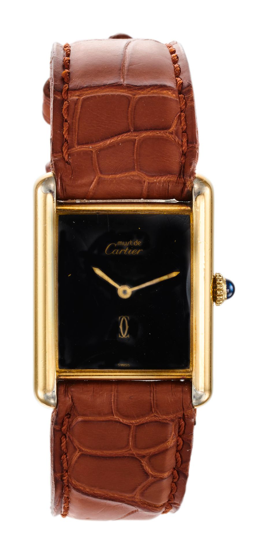 CARTIER Modèle "Must" 

Montre rectangulaire plaquée or, cadran noir, mouvement &hellip;