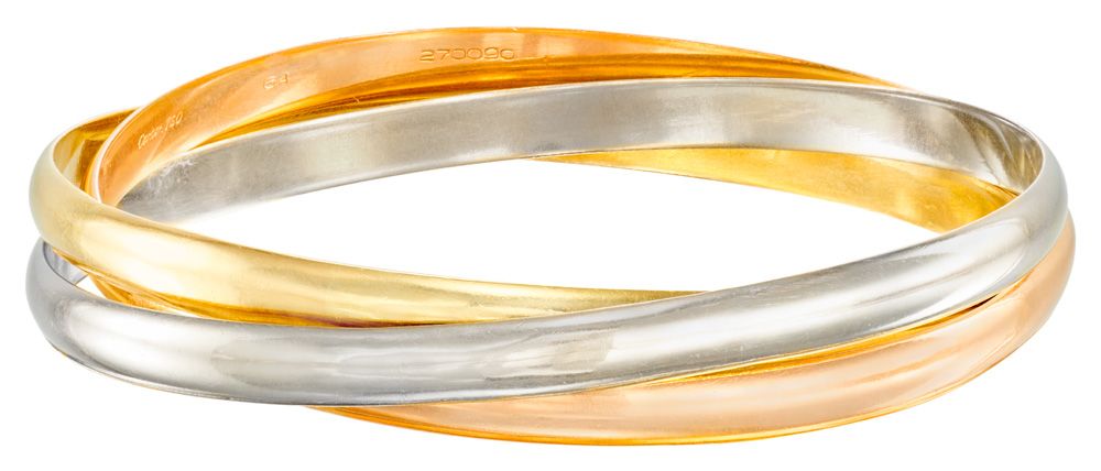 CARTIER 三位一体系列

3个金手镯

粉金手镯上有签名和编号，黄金手镯上有鹰头图案

Ø: 73 mm - L: 5.75 mm

重量：91.27克（&hellip;