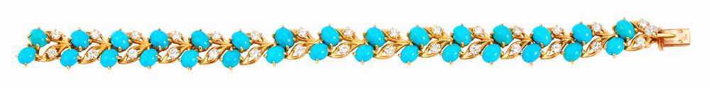 CARTIER Elegant yellow gold bracelet of floral design set with 30 oval turquoise&hellip;