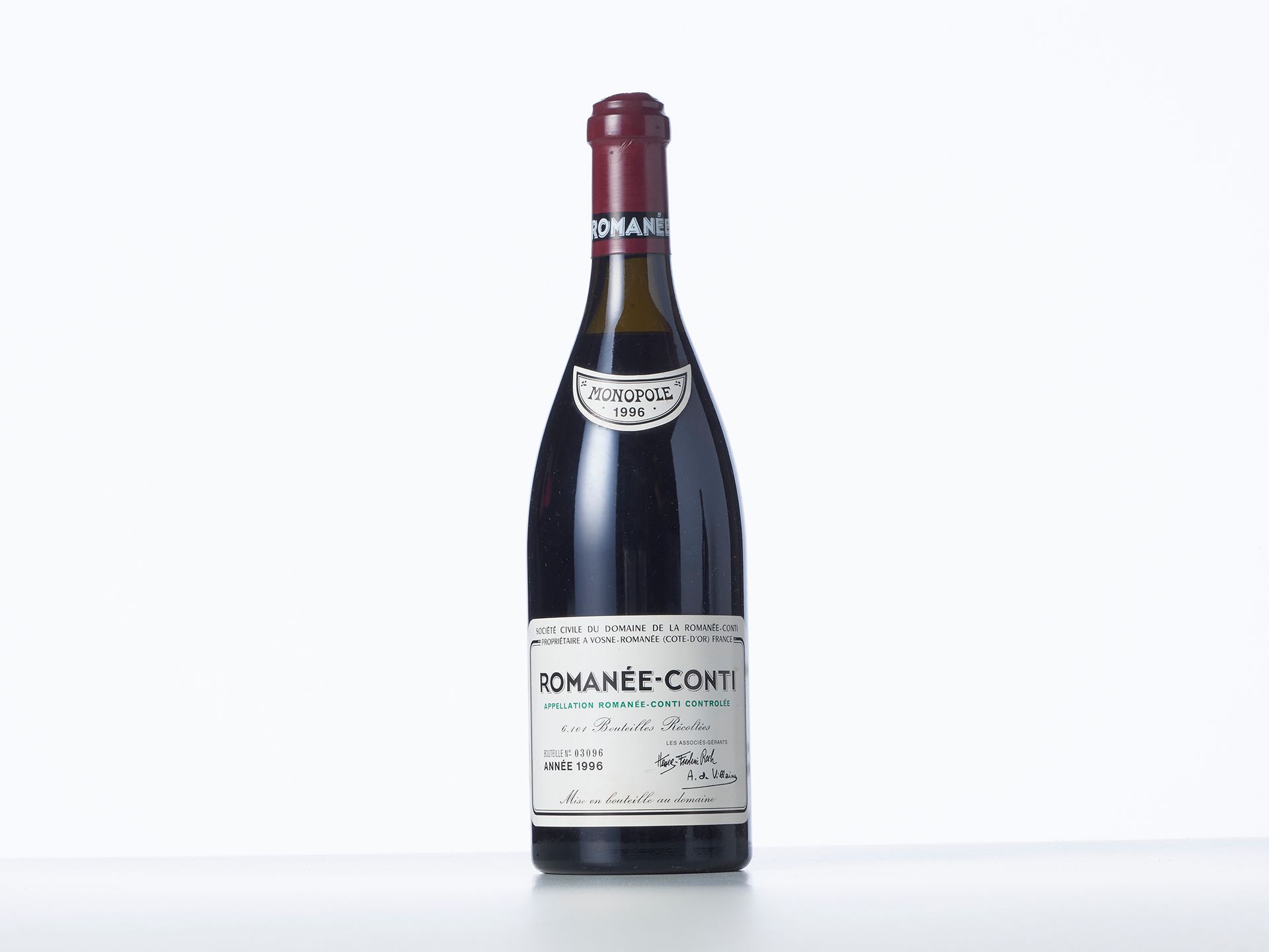 Null 1瓶ROMANEE-CONTI (Grand Cru) 

年份：1996年 

产区：罗曼尼康帝酒庄 

备注 : (2,8 cm; n° 0309&hellip;