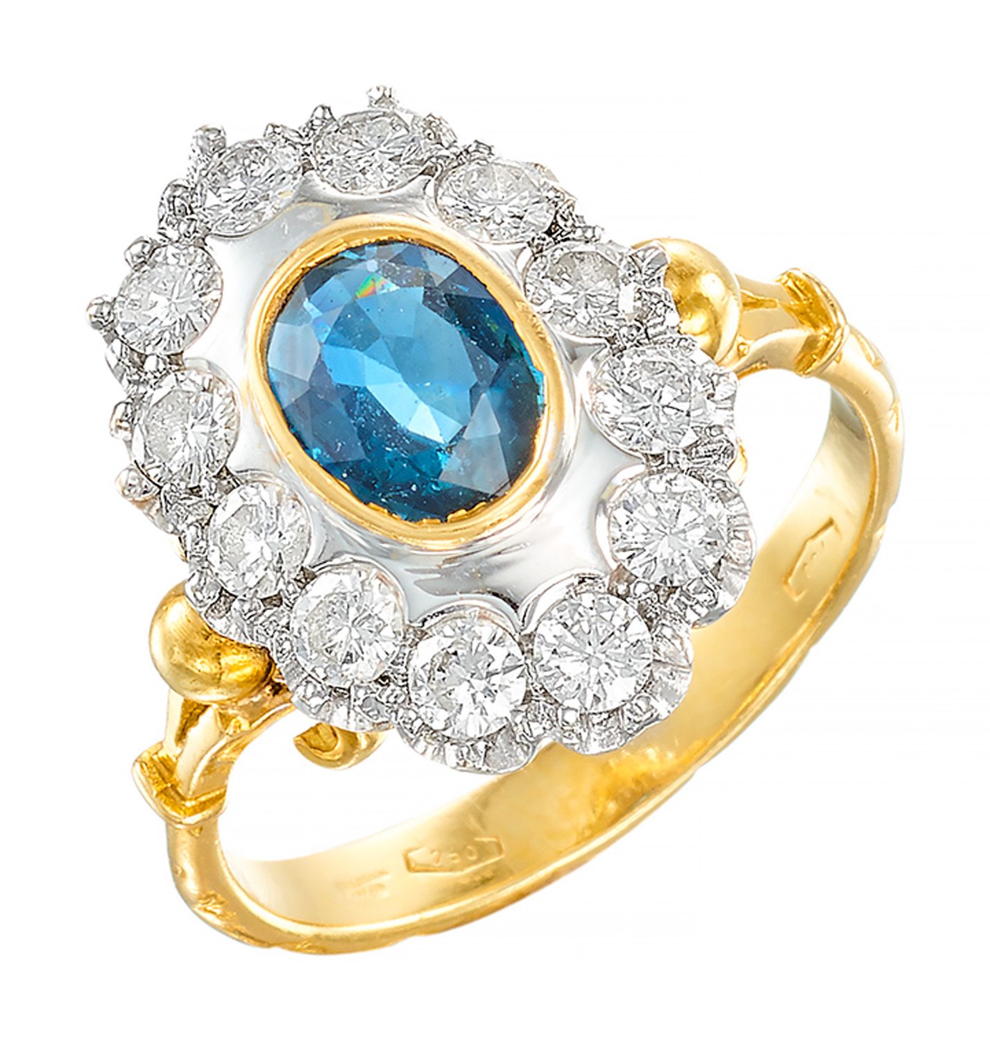 Bague en or bicolore retenant un saphir ovale d'env. 1 carat entouré de diamants&hellip;