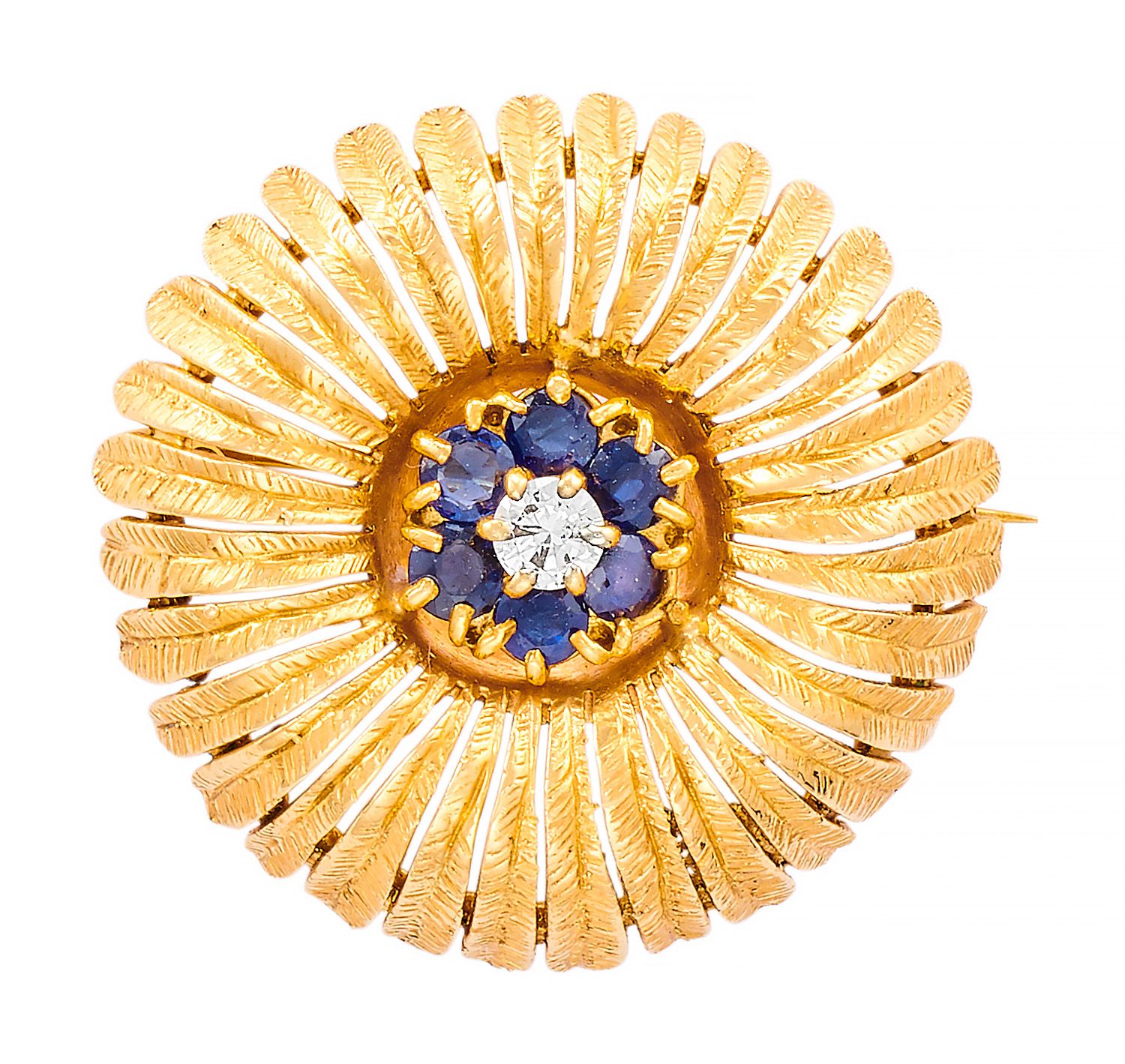 BROCHE "FLEUR" en oro amarillo, los pétalos cincelados, los pistilos en zafiro c&hellip;