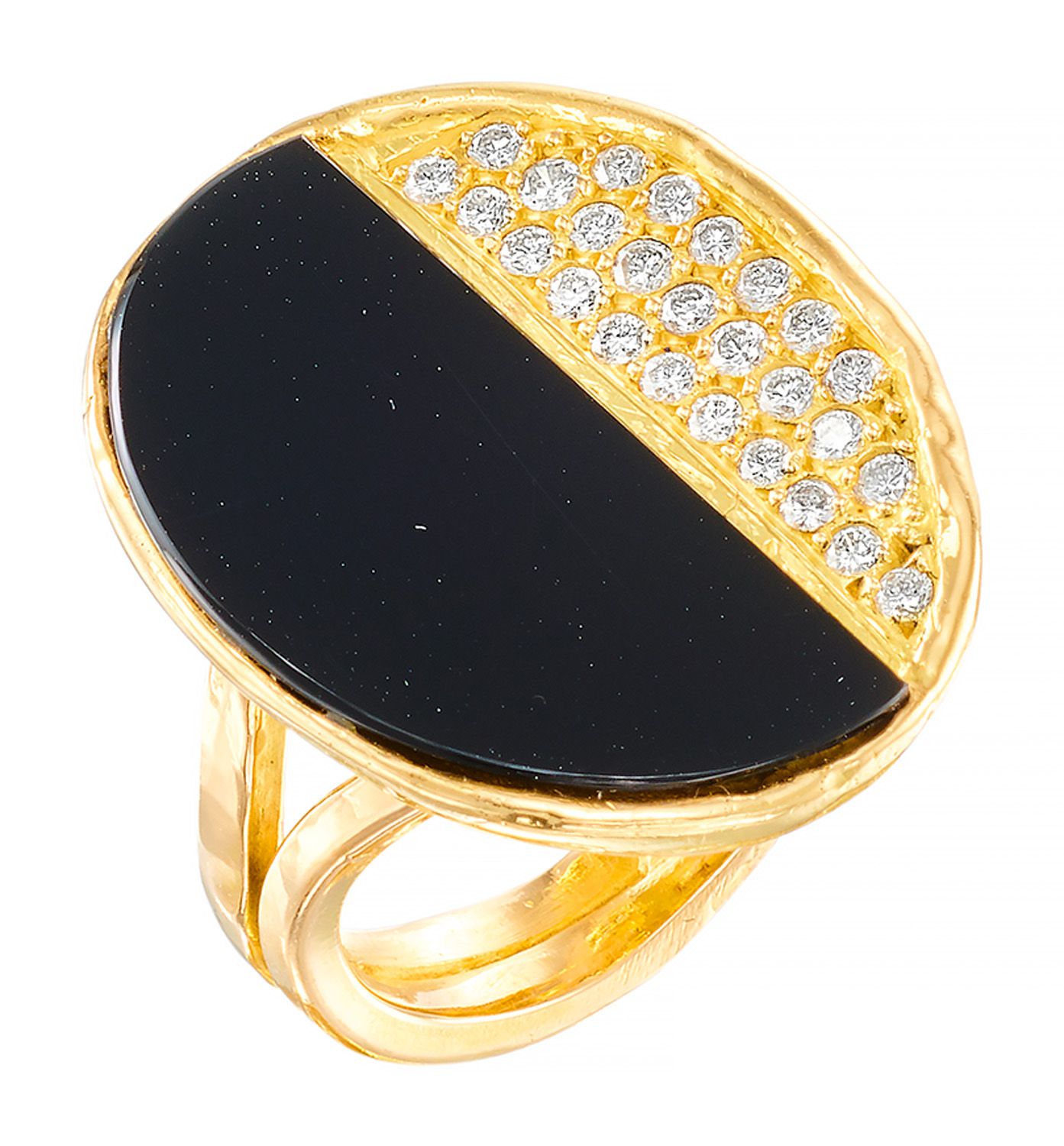 BAGUE MODERNISTE 黃金製作，雙層鍛造的壺身托著一個橢圓形的盤子，上面裝飾著黑瑪瑙，並有一層明亮式切割的鑽石。

法国作品，标志为Ste F

T&hellip;