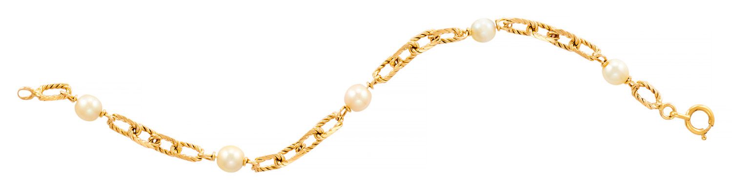 Bracelet 黄金，由扭曲的金属丝组成的forçat链接，中间穿插着5颗珍珠，可能是上等珍珠。

法国作品

长：20厘米

铅：12克（18K-750/1&hellip;