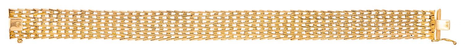 BRACELET ARTICULE 黄金材质

长：18.5厘米 - 宽：1.3厘米

重量：38.25克（18K-750/1000）。