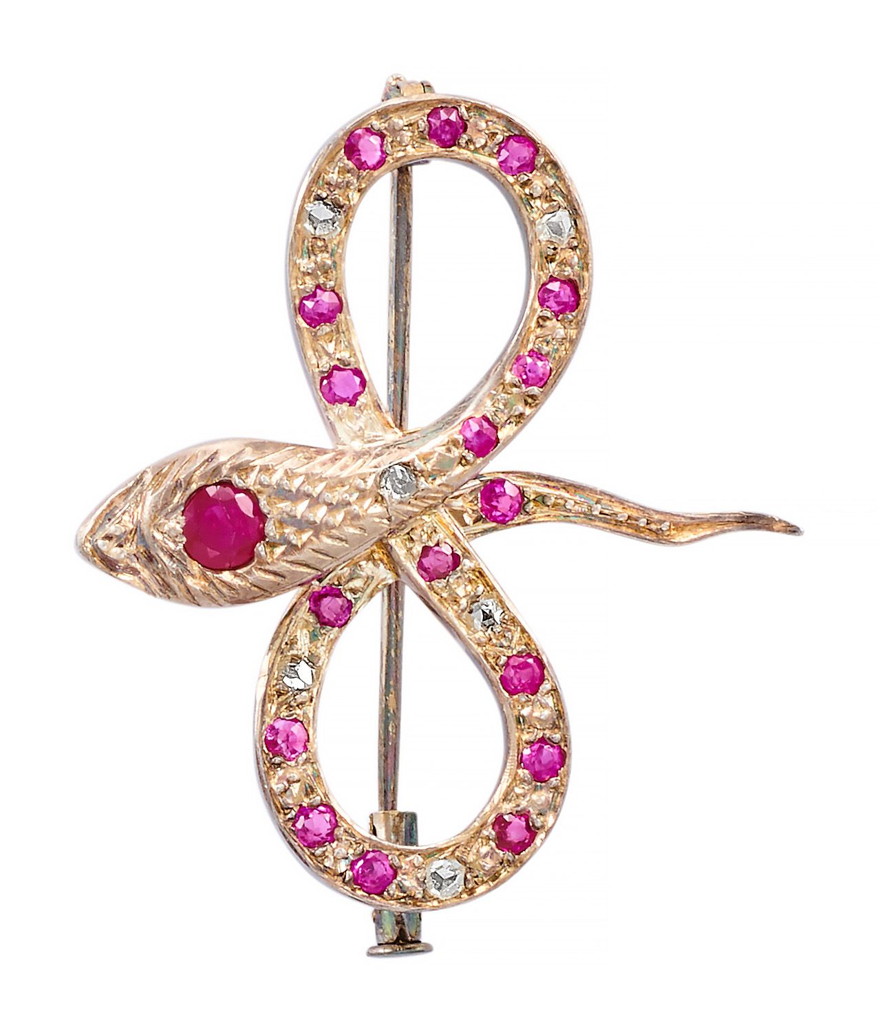 Broche 银色和金色的蛇形设计，镶嵌红宝石，并以玫瑰式切割钻石作为点缀

长：4厘米 - 宽：3.5厘米

铅：10克（银-800/1000和金18-750&hellip;