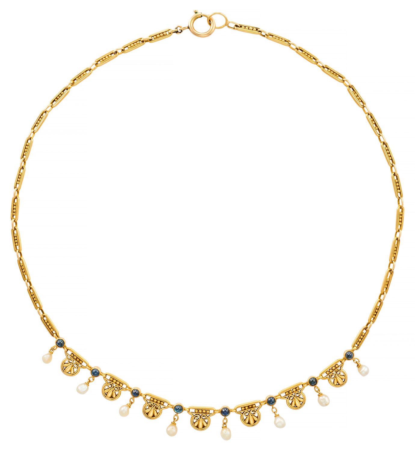 Collier draperie in oro giallo con elementi traforati che racchiudono perle preg&hellip;
