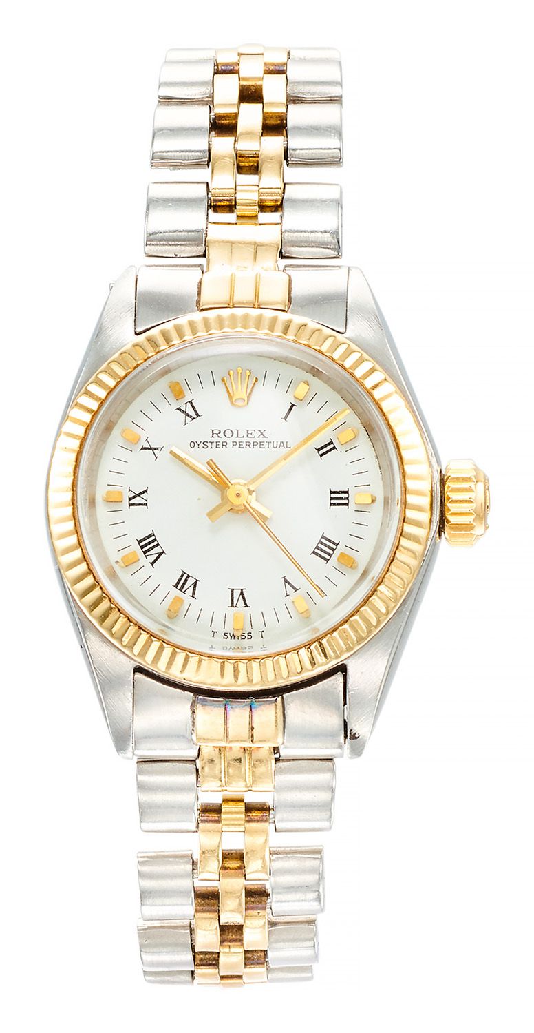 ROLEX Lady's watch in gold and steel, gold bezel, white background, roman numera&hellip;