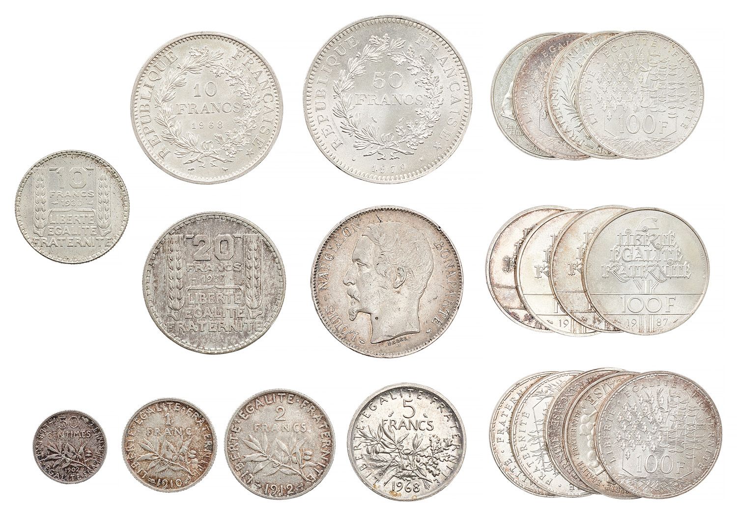 Lot de pièces en argent incluyendo monedas de 100 Fr, 50 Fr, 20 Fr, 10 Fr

Pb : &hellip;