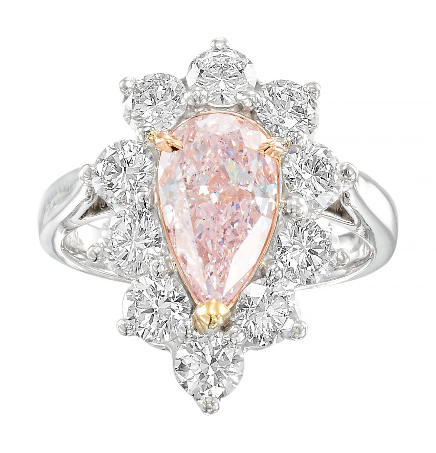 Rare, diamant "Rose" 梨形钻石，重2.04克拉，颜色很浅，净度为I1，周围有10颗优质的明亮型切割白钻，共重约2.20克拉，安装在铂金戒指上&hellip;