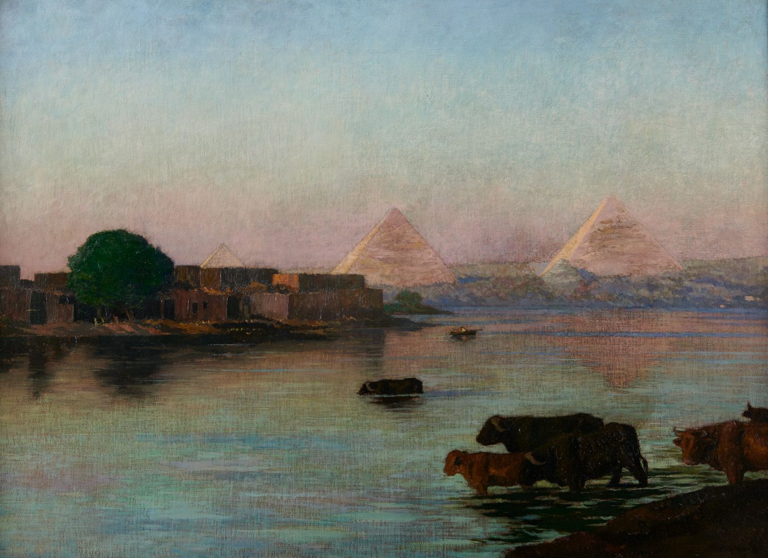 Null René MENARD 1861-1930

旭日中的金字塔

布面油画，左下角有签名

73 x 100