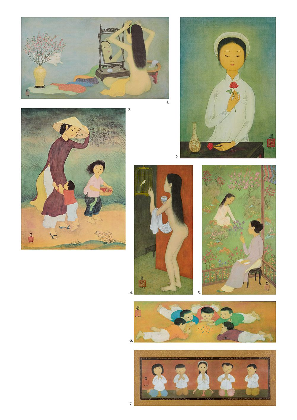 Null 麦仲秋，又名MAI-THU 1906-1980

七幅丝绸版画系列

包括:

1 - "与猫的裸体"。签名和印章在构图的左下方。视力：44 x 66&hellip;