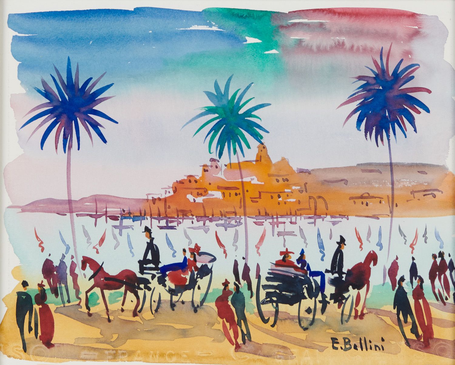Null Emmanuel BELLINI 1904-1989

坎尼，苏克特的马车

右下角有签名的水彩画

视力：20.5 x 25.5