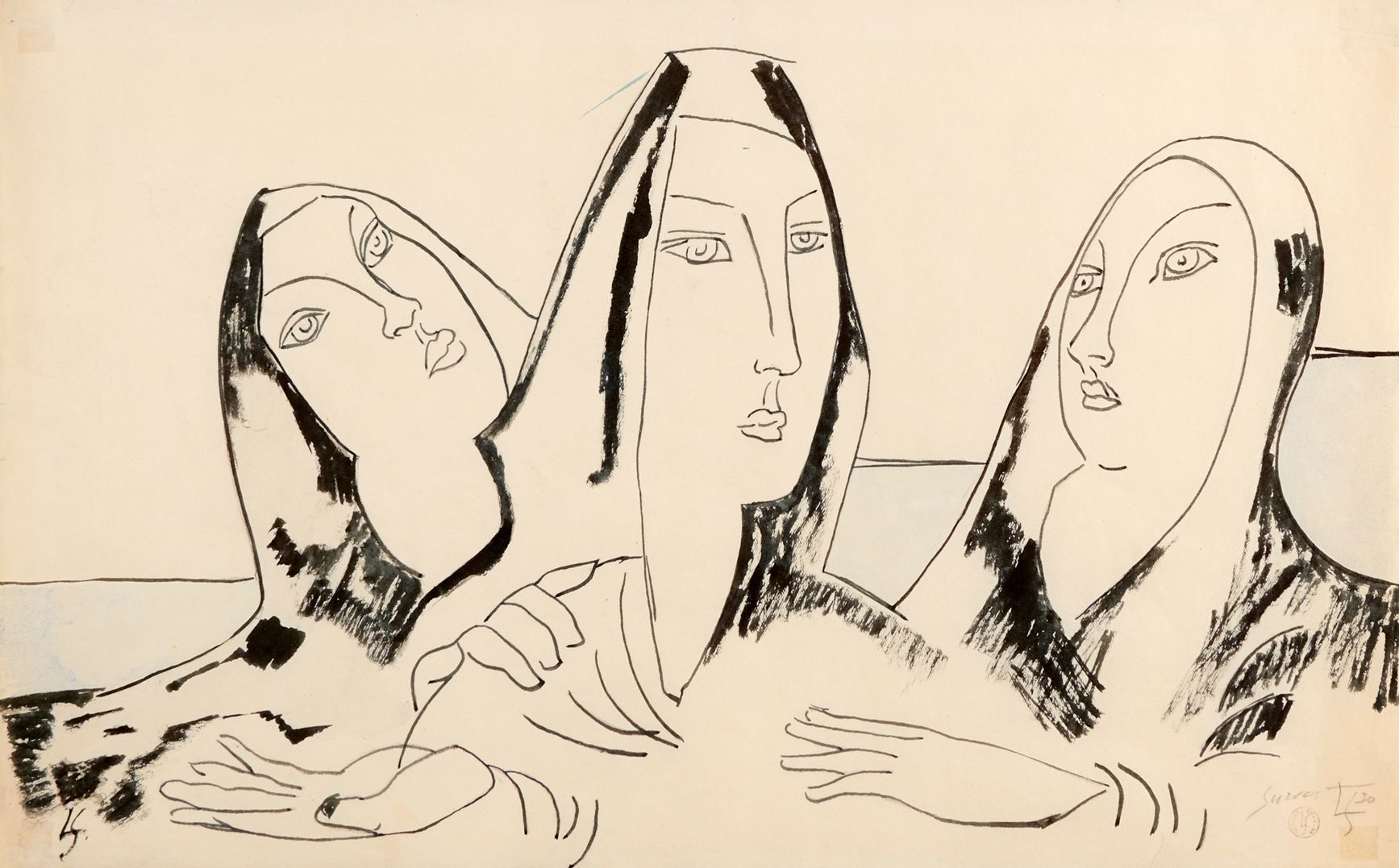 Null Léopold SURVAGE 1879-1968

三个女人，1930年

钢笔和墨水，右下角有签名和日期，左下角有字样

28 x 44