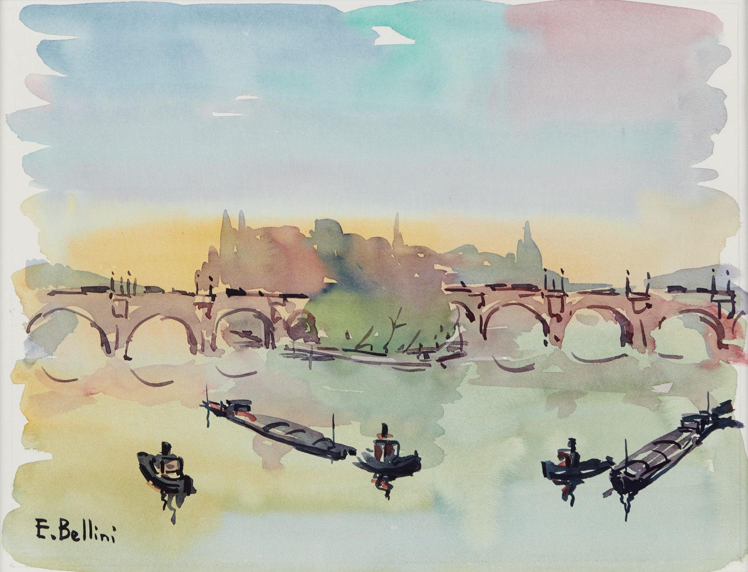 Null Emmanuel BELLINI 1904-1989

巴黎，新桥和城市之岛

左下角有签名的水彩画

视力：25 x 33,5