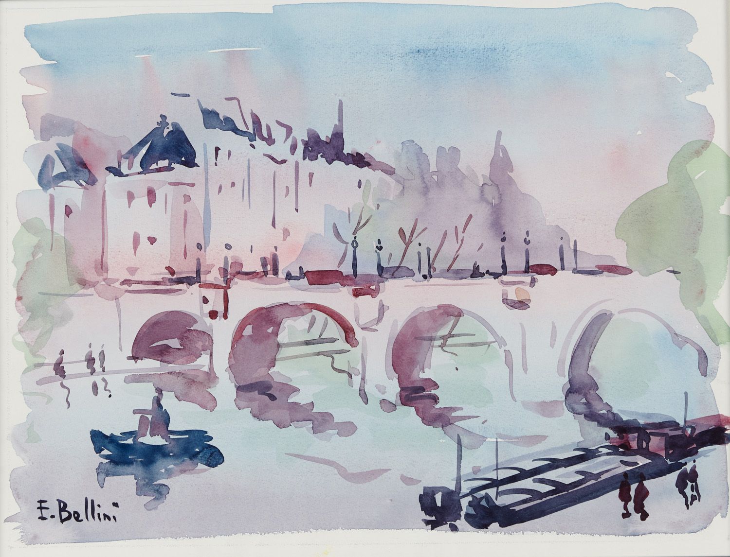 Null Emmanuel BELLINI 1904-1989

巴黎，塞纳河畔的码头

右下角有签名的水彩画

视力：25 x 33,5