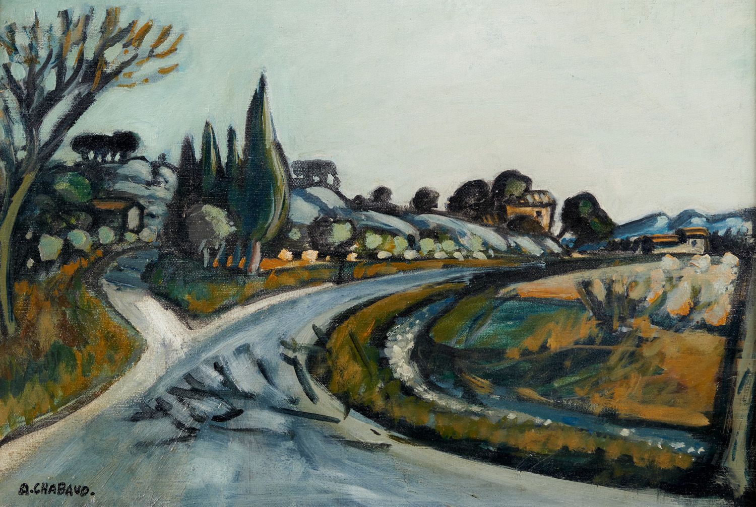 Null 奥古斯特-沙博德 1882-1955

通往普罗旺斯圣雷米的道路

布面油画，左下方有签名，背面有标题

38 x 55