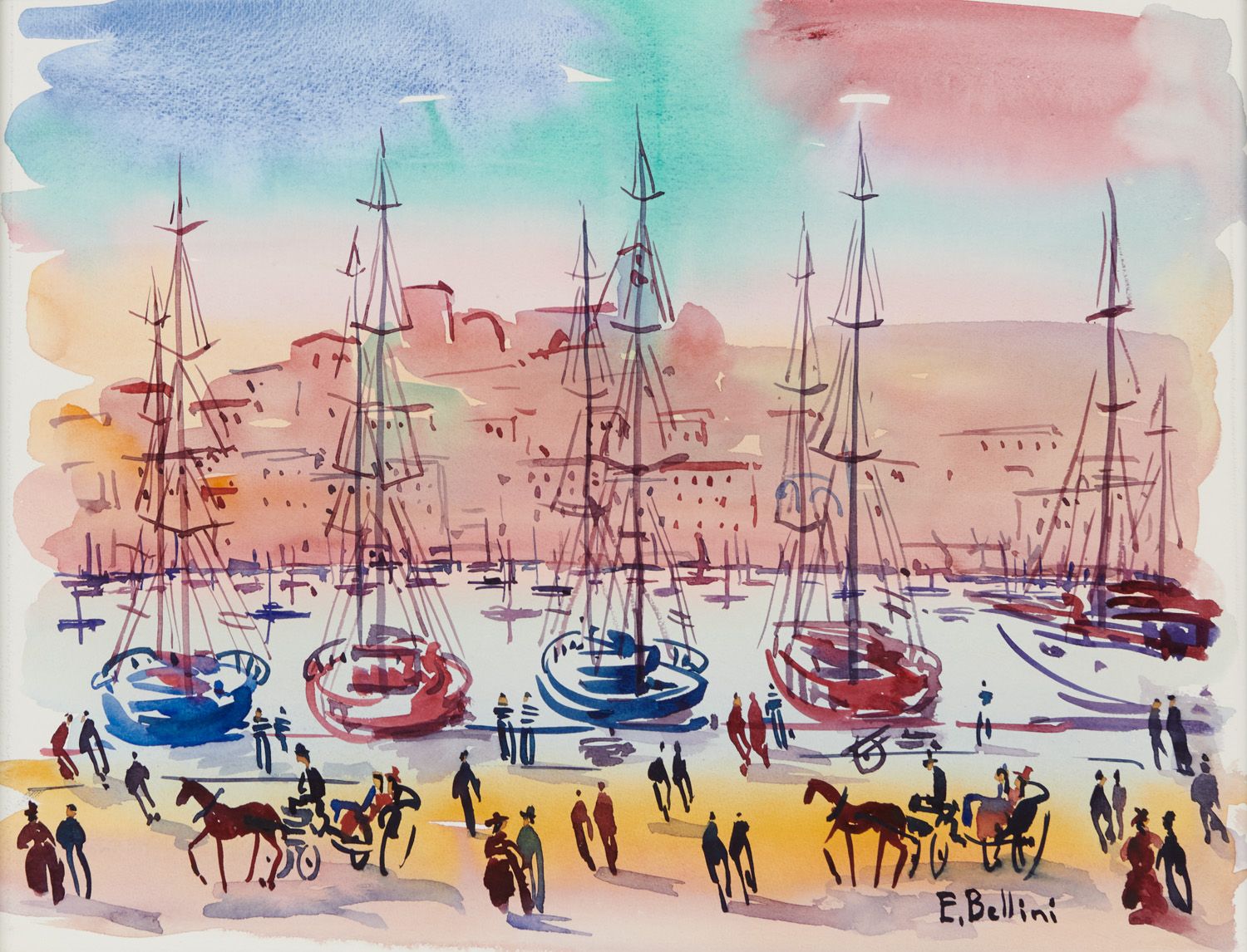 Null Emmanuel BELLINI 1904-1989

坎内，苏克特码头的帆船

左下角有签名的水彩画

视力：25.5 x 33.5