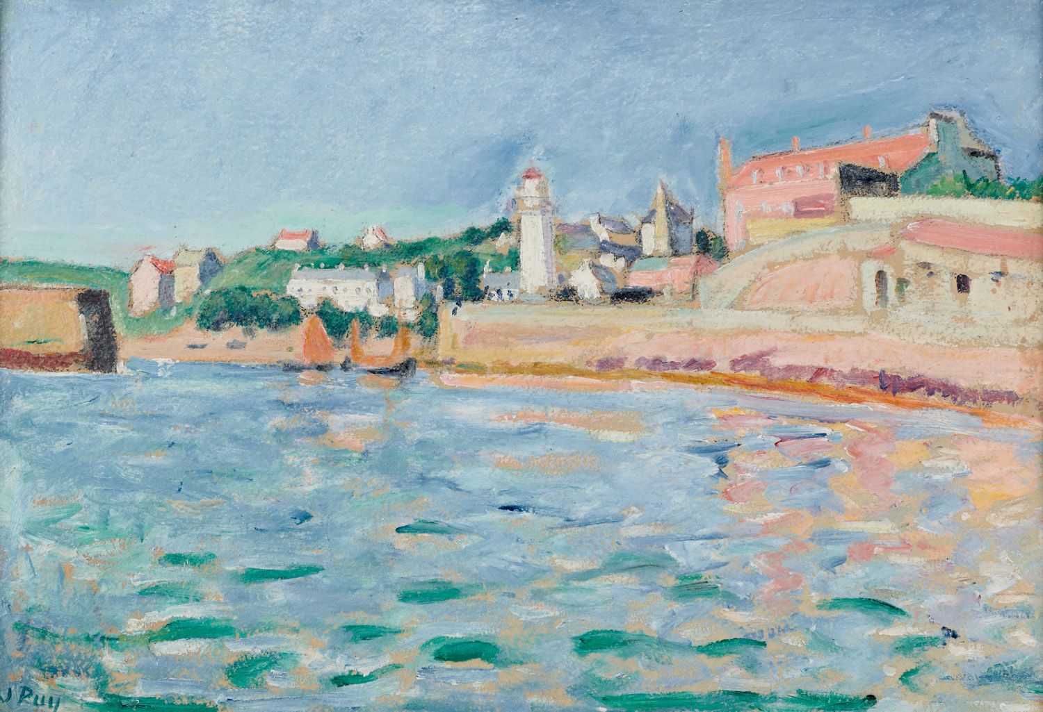 Null Jean PUY 1876-1960

灯塔和索戎港

纸上油画，裱在画布上，左下角有签名，背面有标题

38 x 55