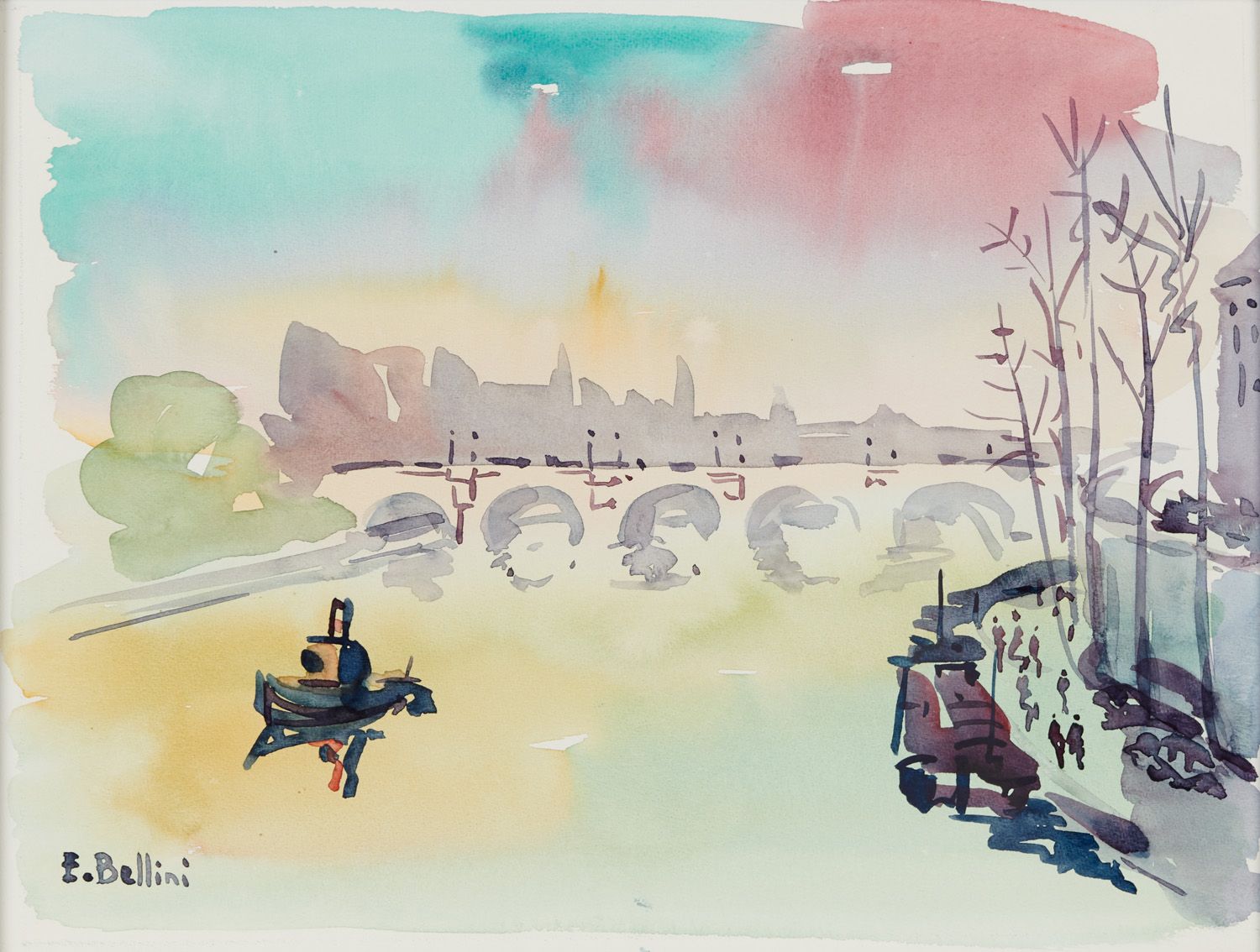 Null Emmanuel BELLINI 1904-1989

巴黎，塞纳河畔的码头

左下角有签名的水彩画

视力：25.5 x 33.5