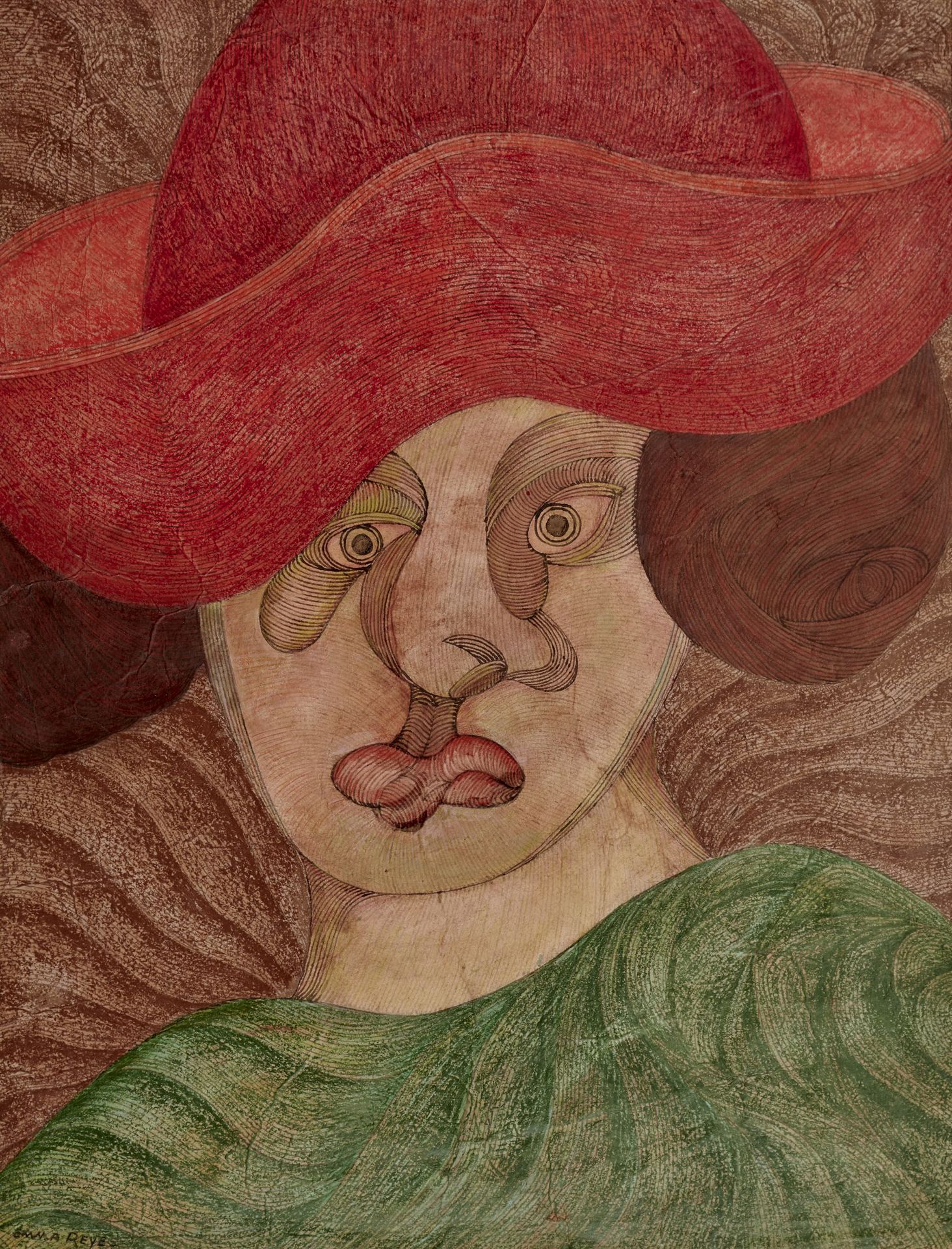 Null 艾玛-雷耶斯 1919-2003
戴红帽子的女人的脸
纸上混合媒体，左下角有签名
视线：68 x 52