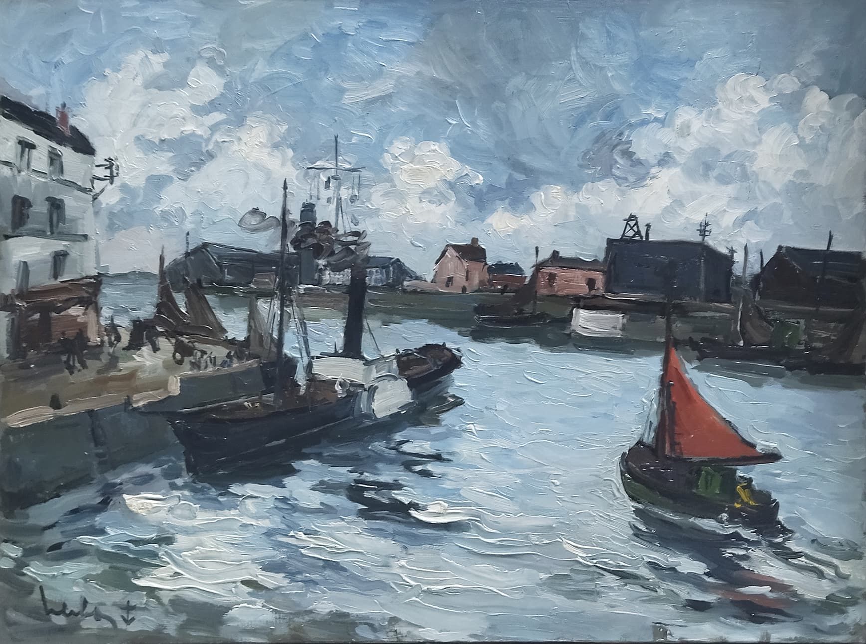 Null 费尔南-赫尔波 1905-1995
港口的Honfleur帆船
布面油画，左下角有签名
60 x 81
