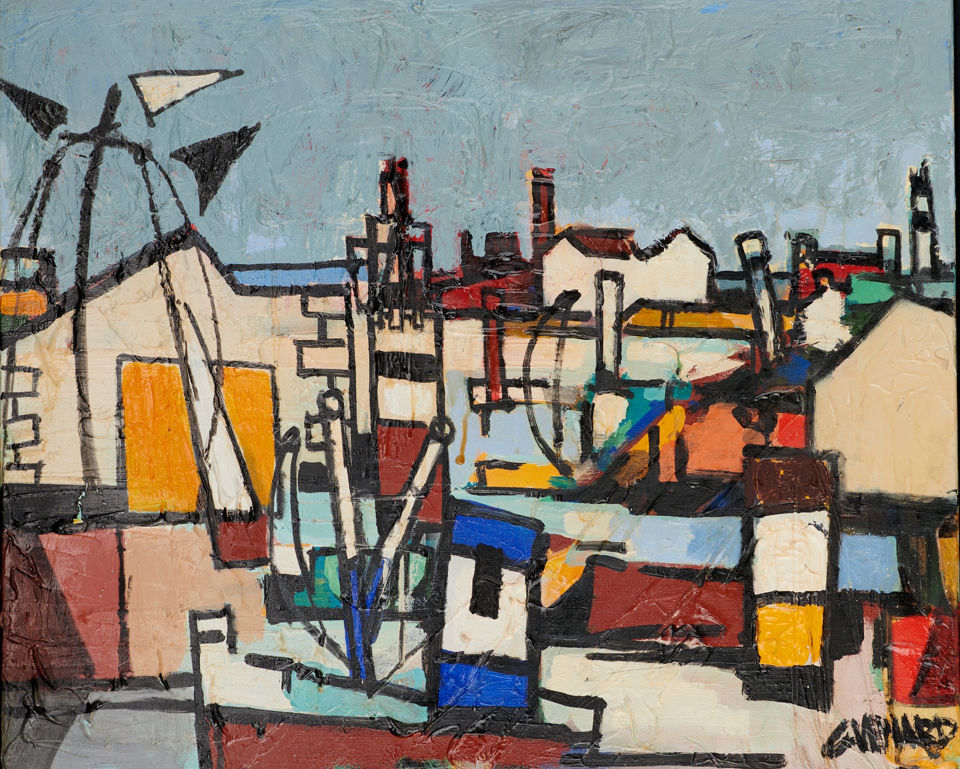 Claude VENARD 1913-1999 港口和灯塔

布面油画，右下方有签名，背面有标题
60 × 73 厘米
(桅杆上有小缺口）

有几处裂缝和缺失