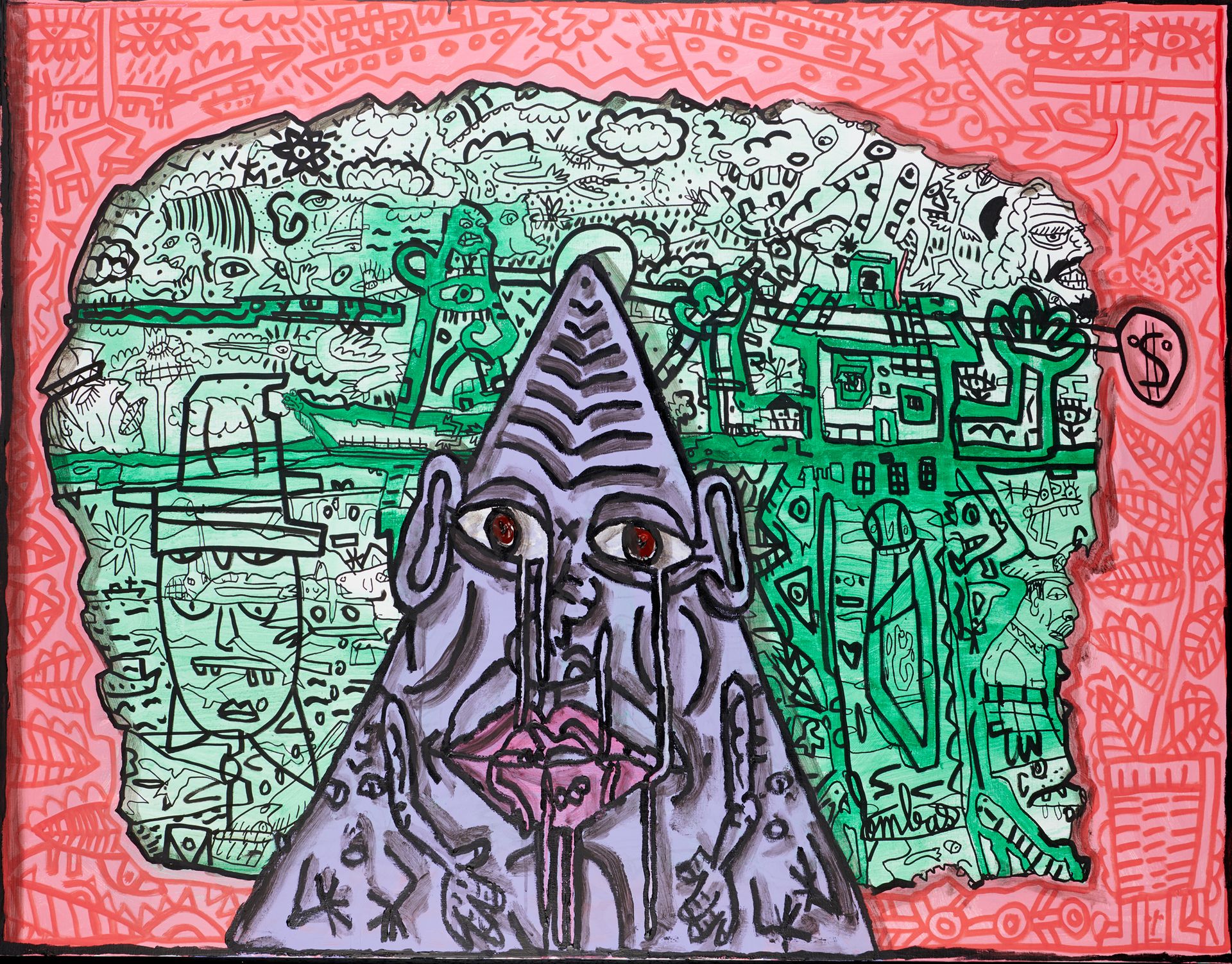 Robert COMBAS, né en 1957 三角形乔西埃，粉色背景上的绿色景观之王

丙烯酸画布，右下方有签名
114 x 146 厘米 

参考书目：&hellip;