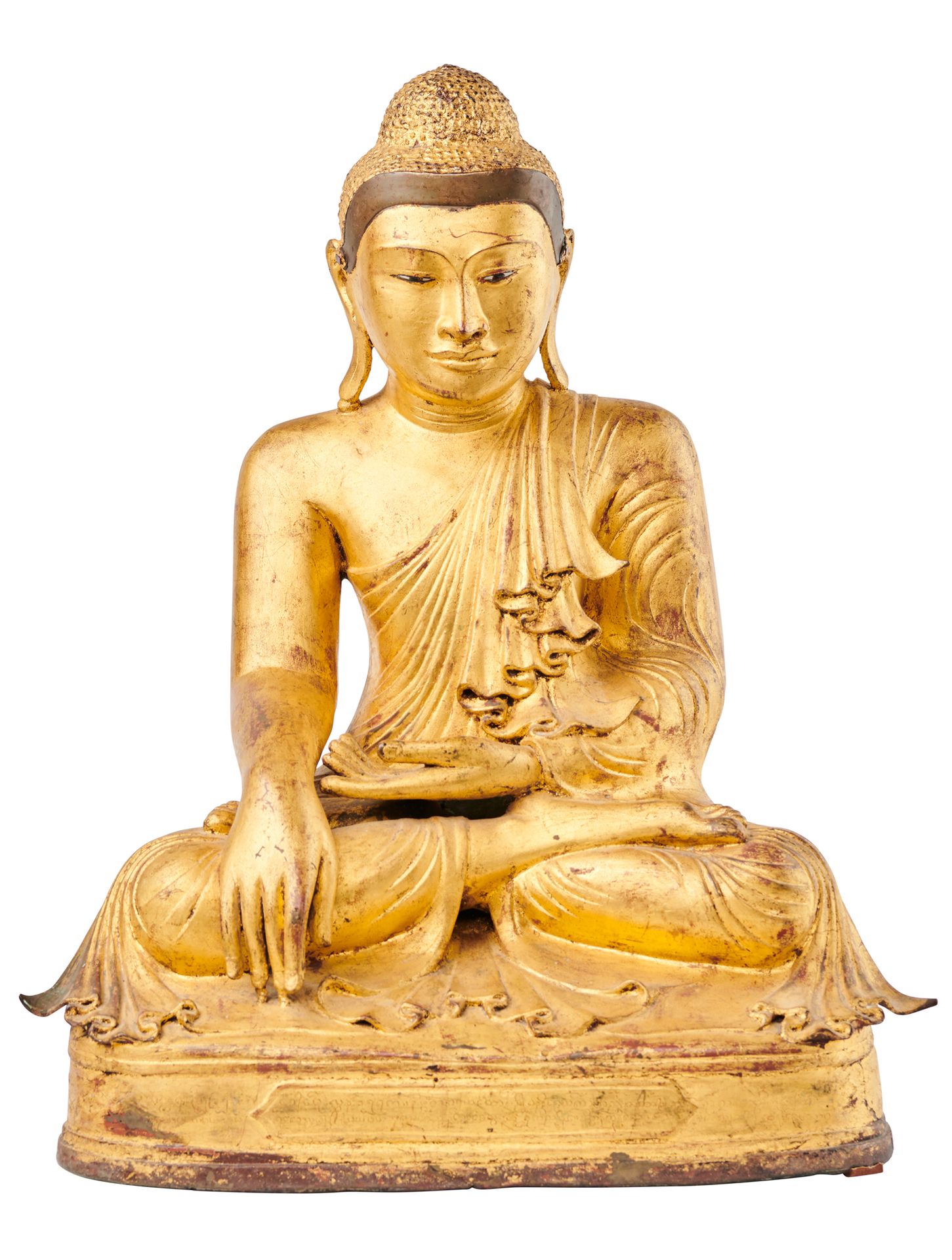 BOUDDHA 马拉维贾亚身着僧袍，端坐在梵天座上，双手呈托起大地的姿势，作为见证人


镀金失蜡青铜雕塑
缅甸曼德勒王国 19 世纪
高度：58 厘米