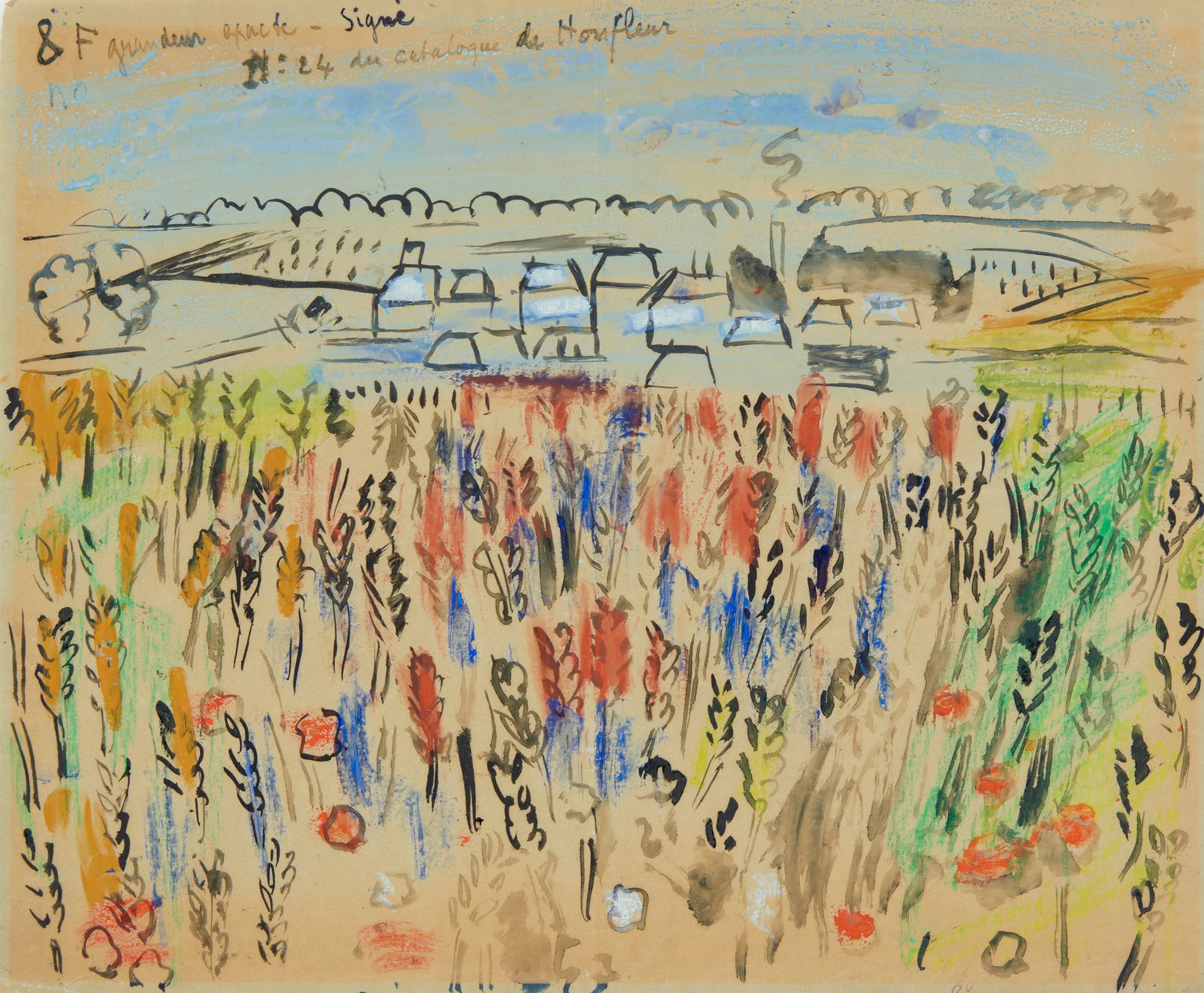 Raoul DUFY 1877-1953 诺曼底麦田，约 1933 年

描图纸上的水彩画，左上方注释如下： 
8F 确切尺寸 - 签名 N°24，出自鸿福乐画&hellip;