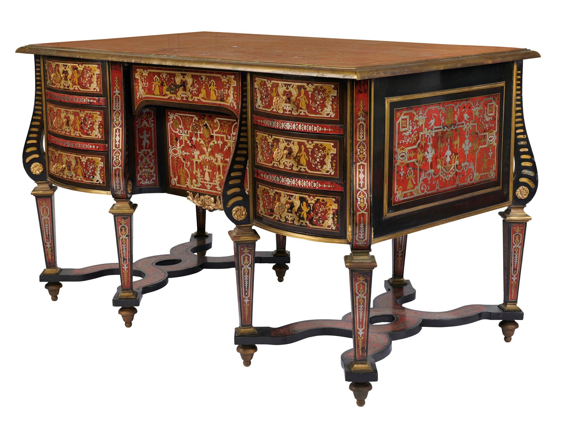 Null 马扎然布勒城堡风格书桌 
采用贝仁风格装饰。书桌顶部有青铜模制的边框，两边的底座上有三个抽屉，抽屉和门连接在一起。 每个底座都有四条腿，四条腿由支架连&hellip;