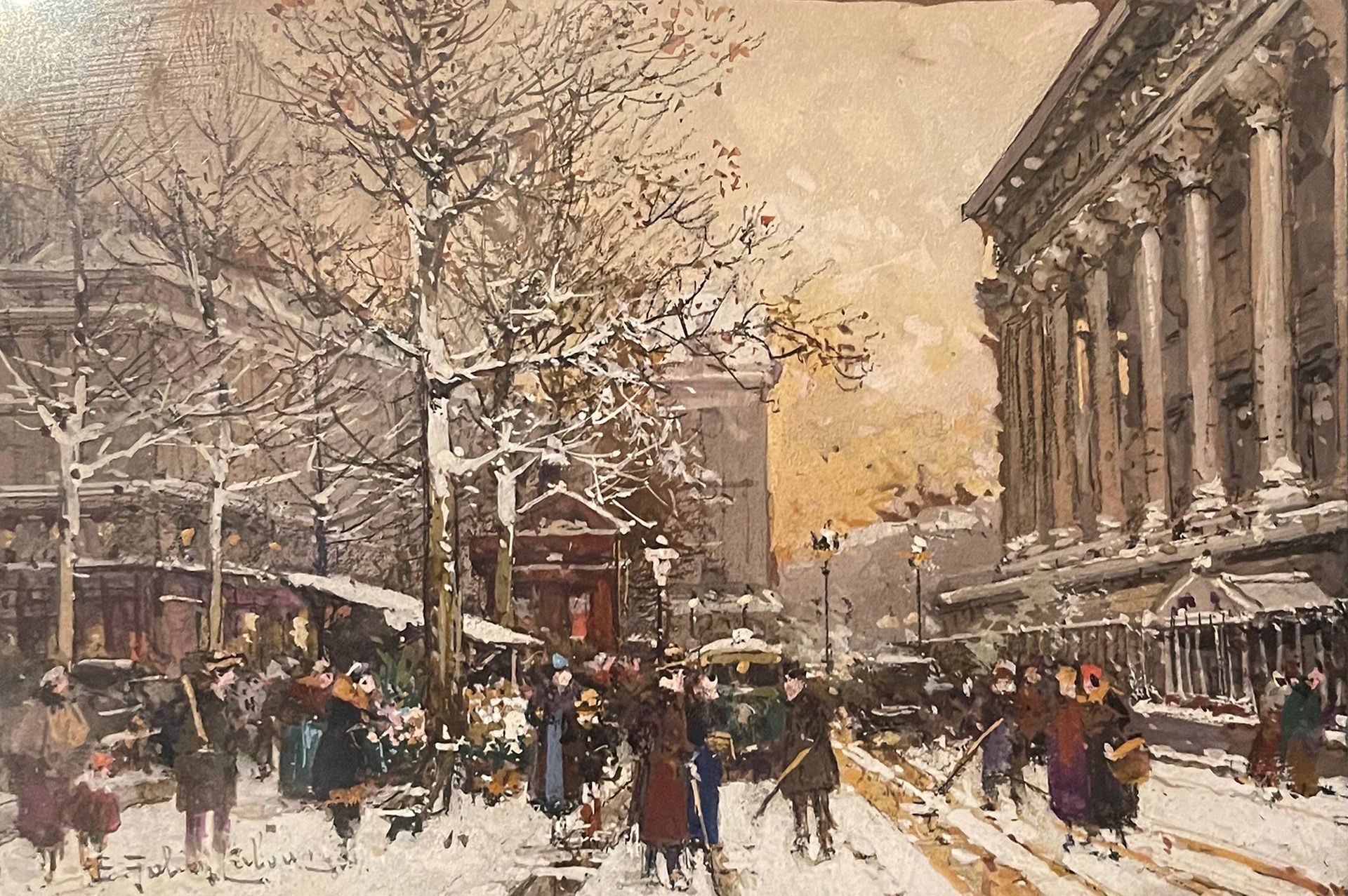 Eugène GALIEN-LALOUE 1854-1941 花市，雪中的玛德莱娜广场
水粉画，左下方有签名
10.8 x 17.2 厘米