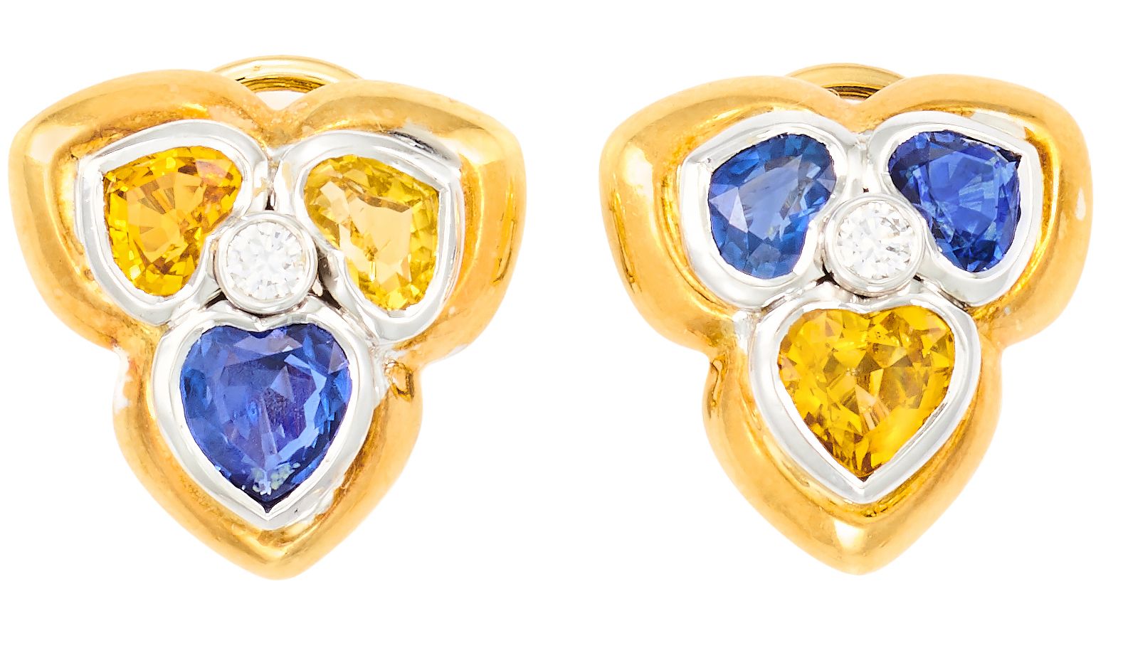 Clips d'oreilles en or jaune en forme de cœur retenant des saphirs bleus et saph&hellip;
