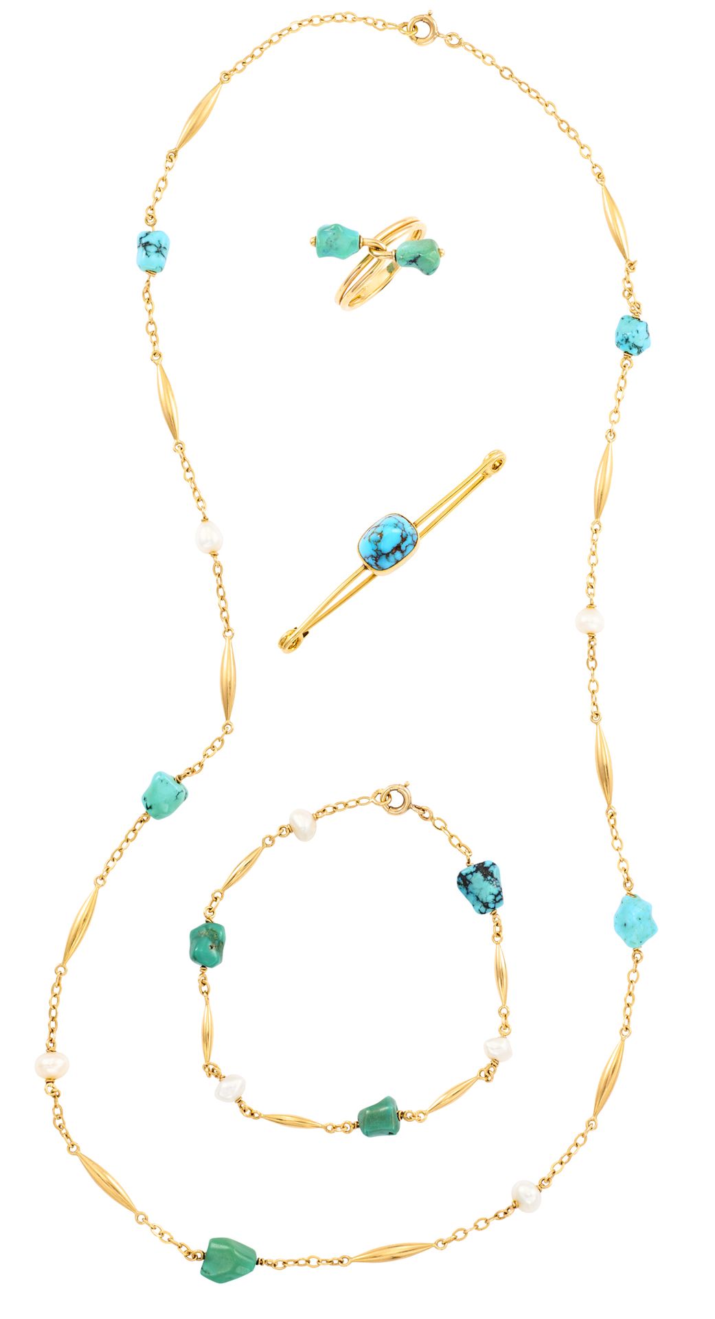 Parure en or jaune Un collier alternant mailles oblongues, turquoises et perles &hellip;