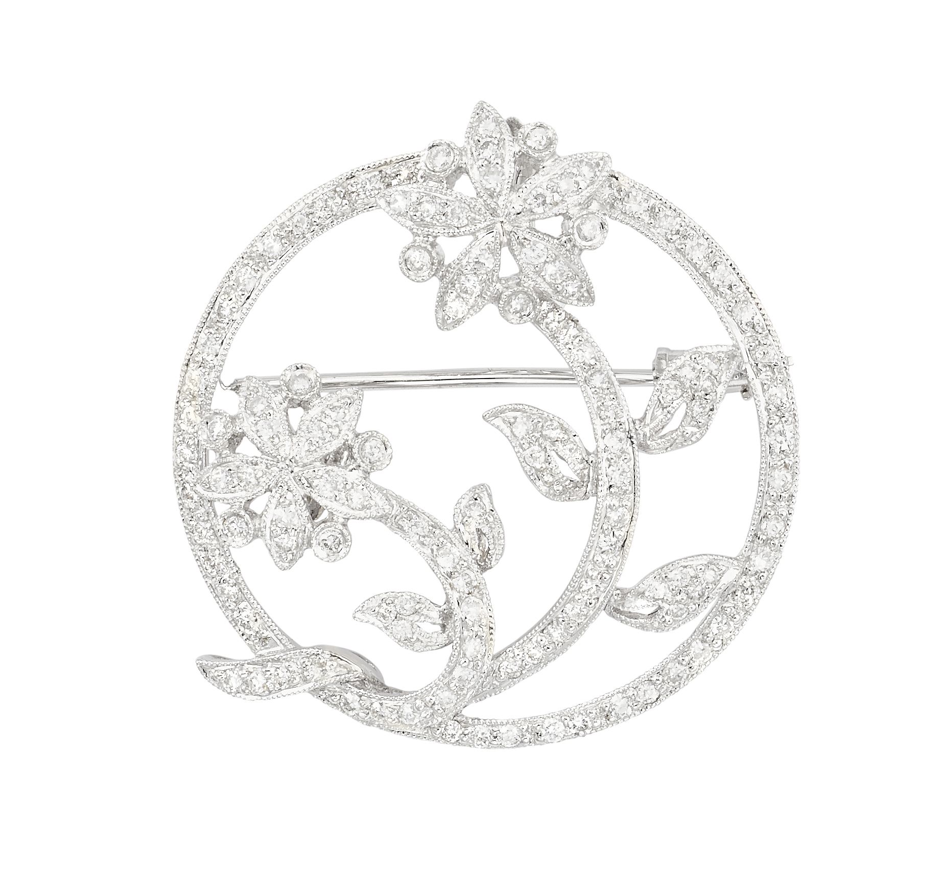 Pendentif / Broche en or blanc à décor floral agrémenté de diamants taille brill&hellip;