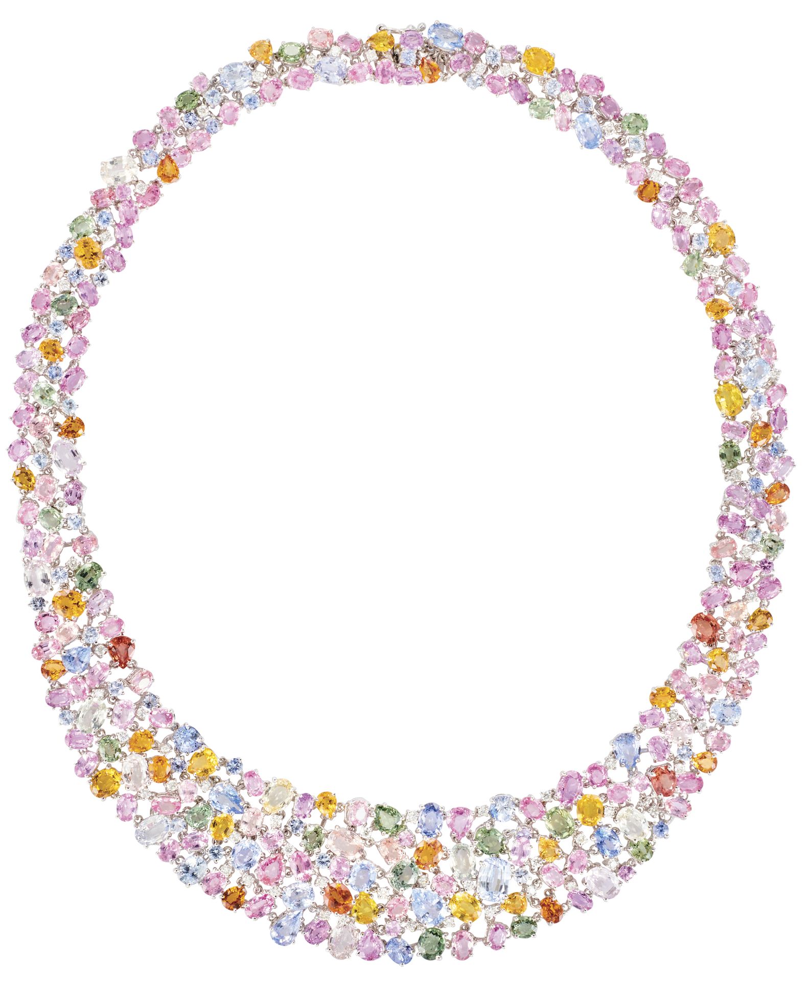 Important collier "Tutti Frutti" 白金材质，镶嵌约 119 克拉不同形状的多彩蓝宝石，与约 1.80 克拉明亮式切割钻石相映成趣&hellip;