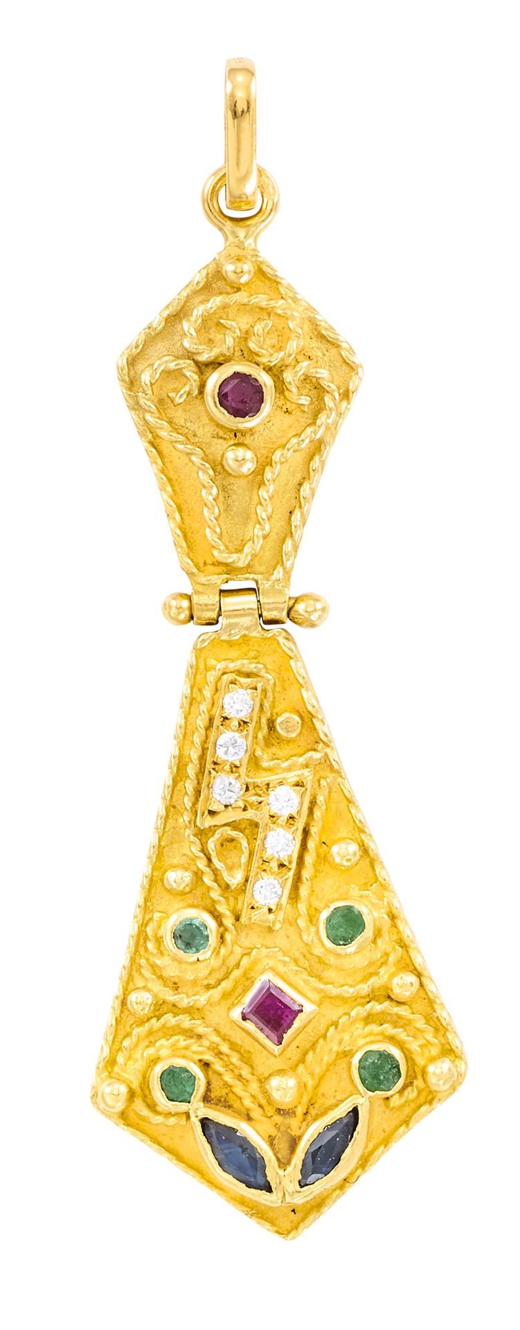 Pendentif articulé en or jaune décoré de diamants, émeraudes, rubis et saphirs 
&hellip;