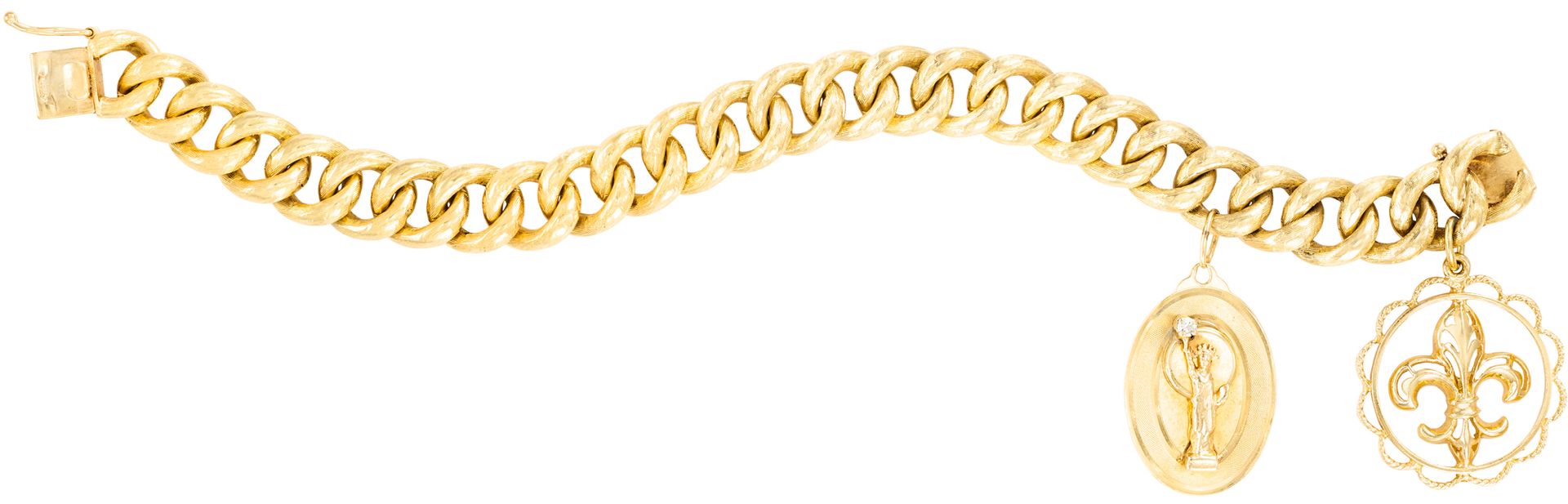 Bracelet en or jaune 14K retenant 2 breloques, l'une à décor d'une fleur de lys,&hellip;