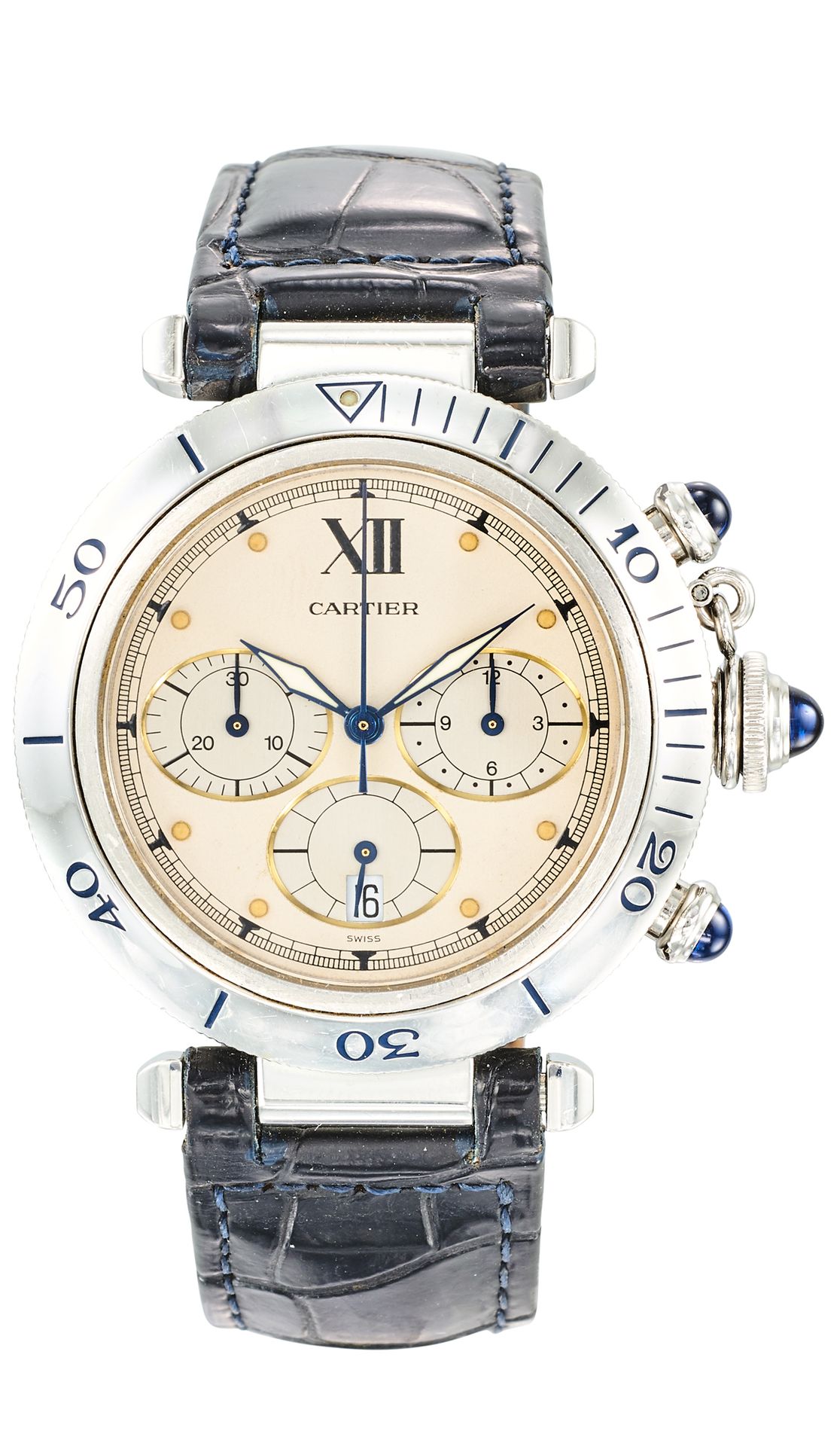 CARTIER Pasha" model
Men's chronograph watch, steel dial, cream back, quartz mov&hellip;