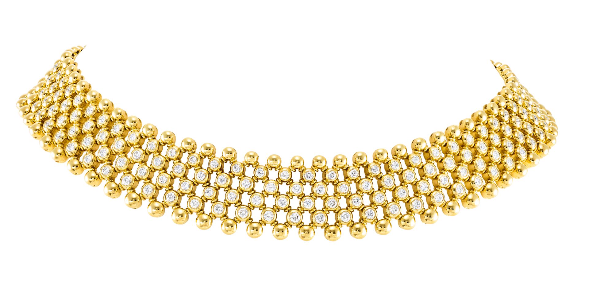 Élégant collier "Ruban Résille" à décor de 6 rangs de billes d'or jaune articulé&hellip;