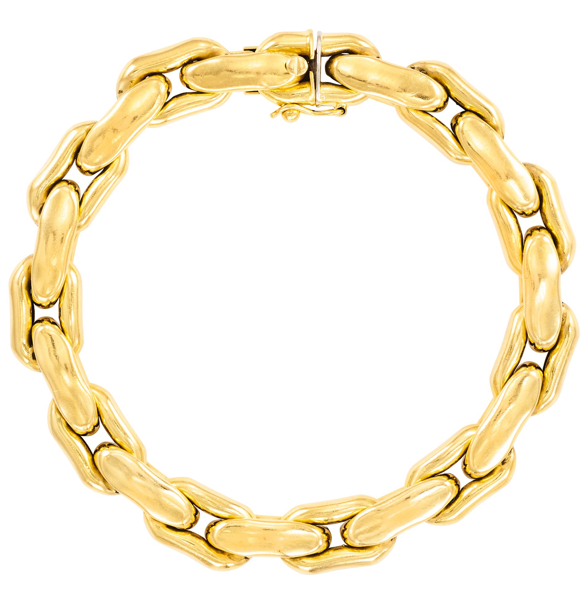 Bracelet catena a fagiolo allungata in oro giallo
L: 19 cm - L: 0,8 cm
Peso: 26,&hellip;