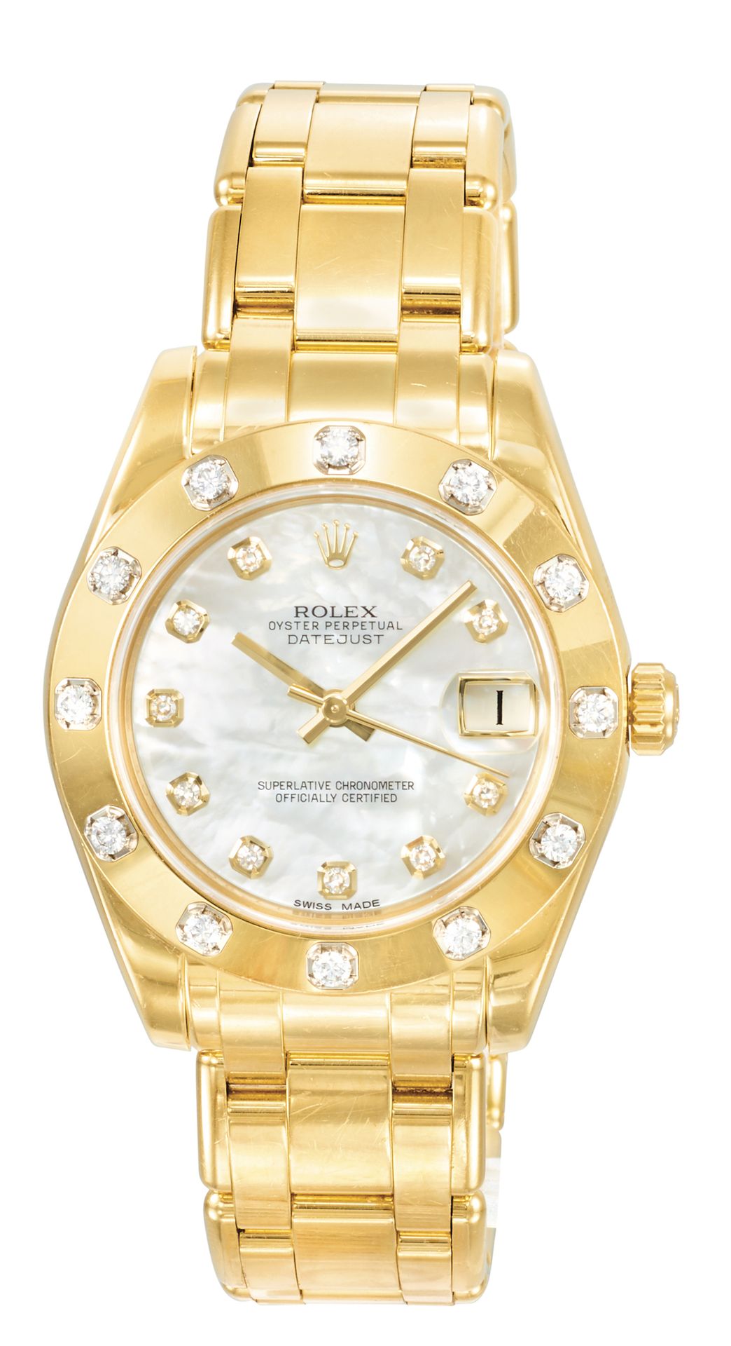 ROLEX Datejust Pearlmaster" 型号 81318 
黄金女装腕表，表圈镶嵌 12 颗明亮式切割钻石（约 0.39 克拉），珍珠贝母底盖，&hellip;